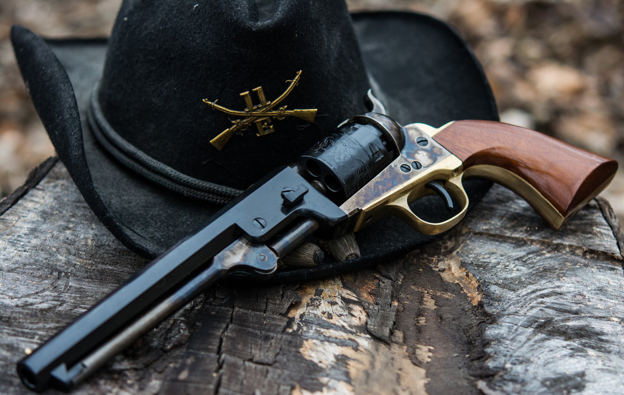 still life, Colt, 1080P, old, no people, 1851, aggression, ornate, metal, revolver, weapon, hat, protection, close-up, security, social issues, indoors, HD Wallpaper