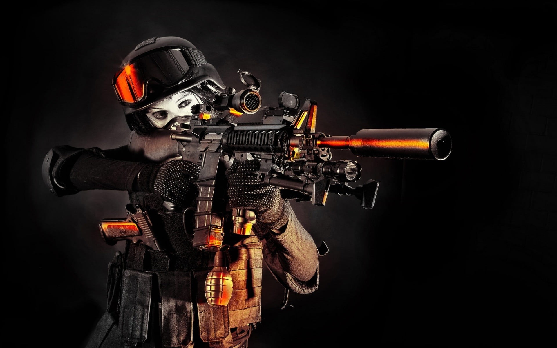 black color, army, 1080P, headwear, protection, clothing, selective coloring, armed forces, aggression, women, uniform, soldier, warning sign, gun, machine gun, HD Wallpaper
