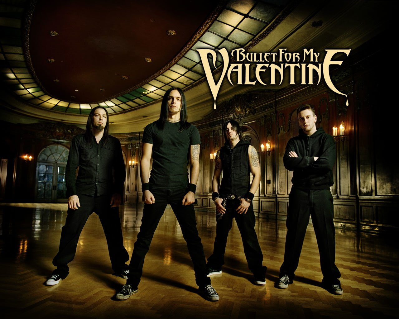 Bullet For My Valentine, indoors, 720P, people, built structure, group of people, leisure activity, full length, overlay, Band (Music), text, city, illuminated, HD Wallpaper