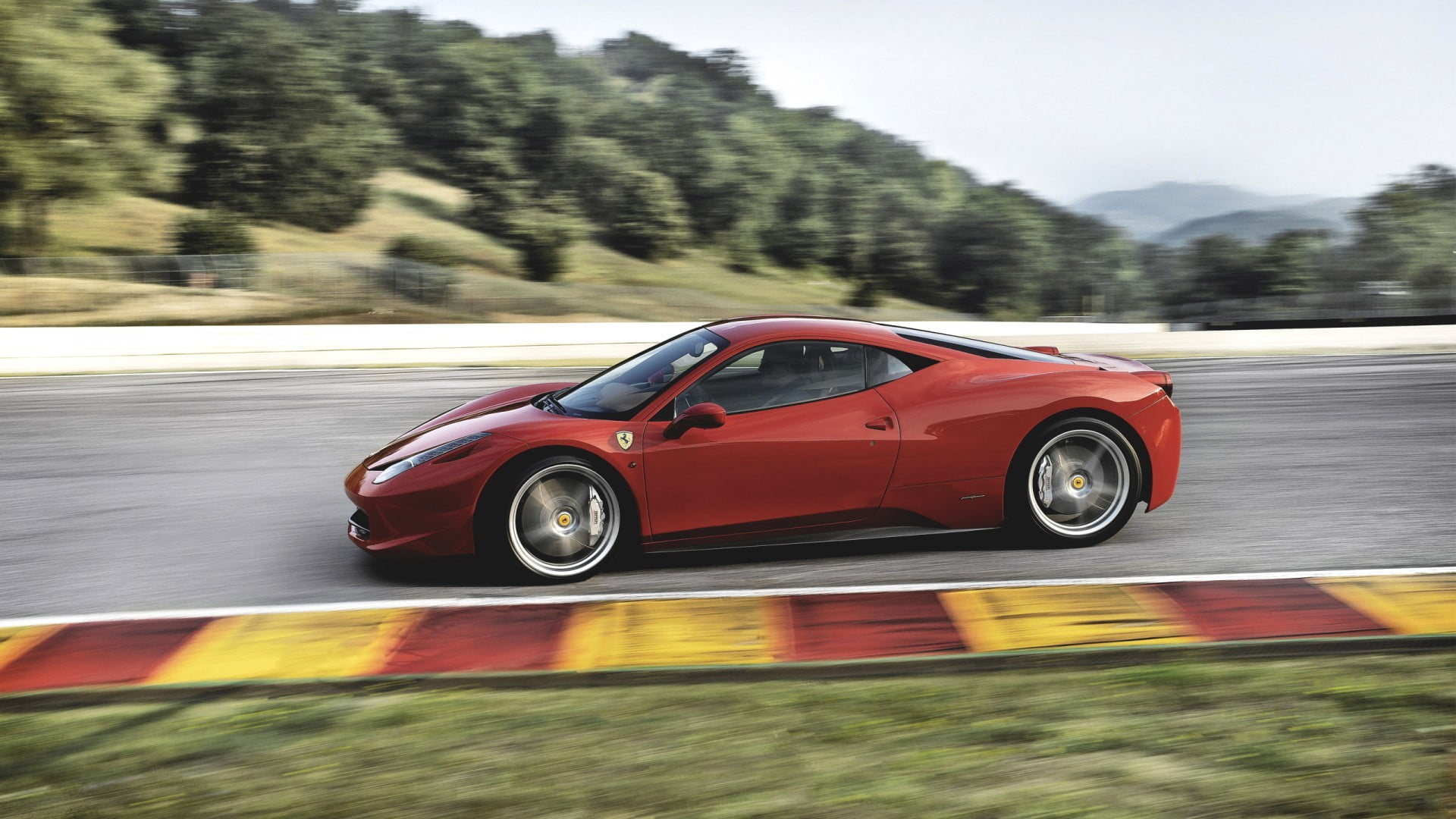 red, plant, motion, wheel, racecar, motor vehicle, Ferrari 458, 1080P, sports car, land vehicle, car, nature, transportation, mode of transportation, no people, HD Wallpaper