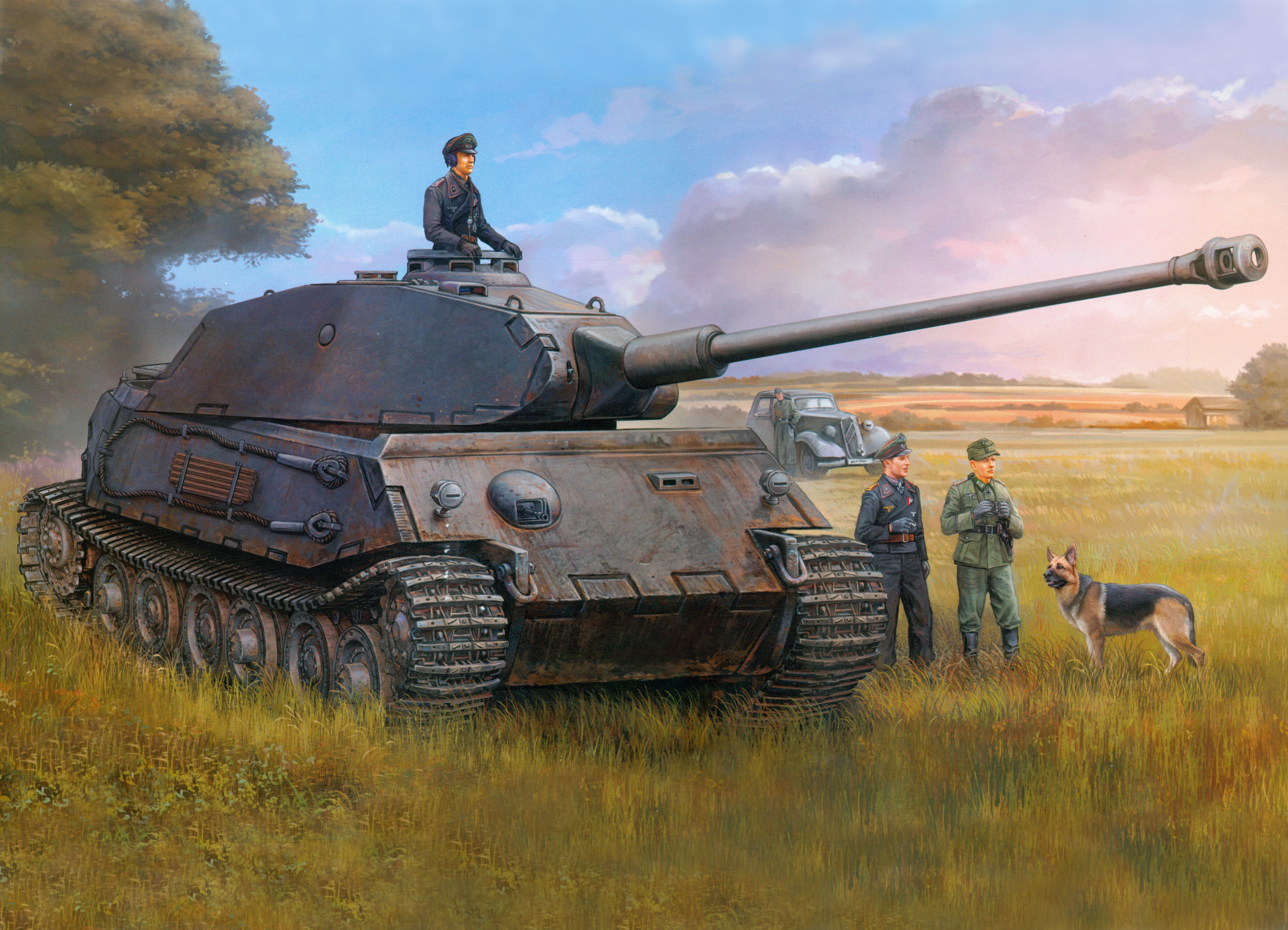 government, VK4502(P), fighting, Type 180, painting, outdoors, land, armored tank, Porsche, German, weapon, cannon, soldiers, two people, standing, day, HD Wallpaper