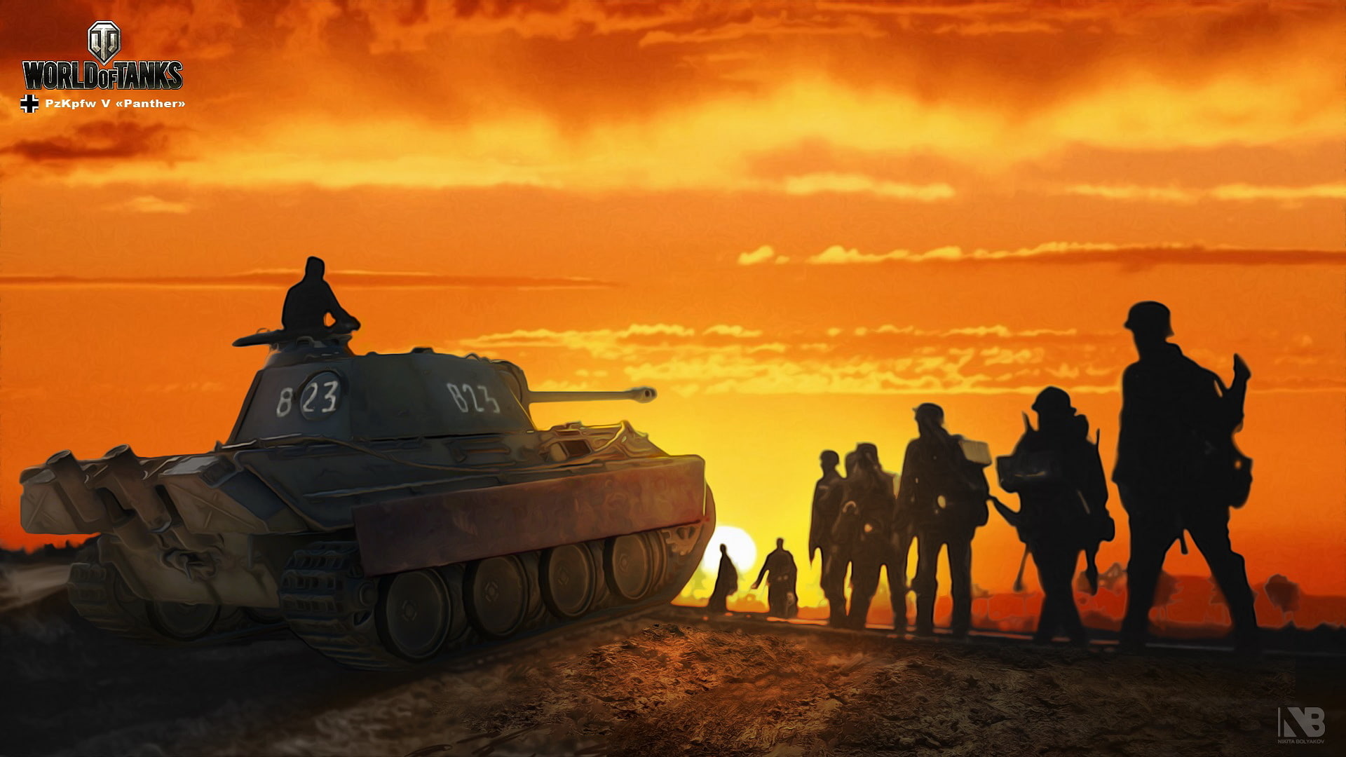 art, Nikita Bolyakov, the sun, Panther, average, PzKpfw V Panther, the sky, tank, figure, soldiers, German, glow, World of Tanks, 1080P, HD Wallpaper