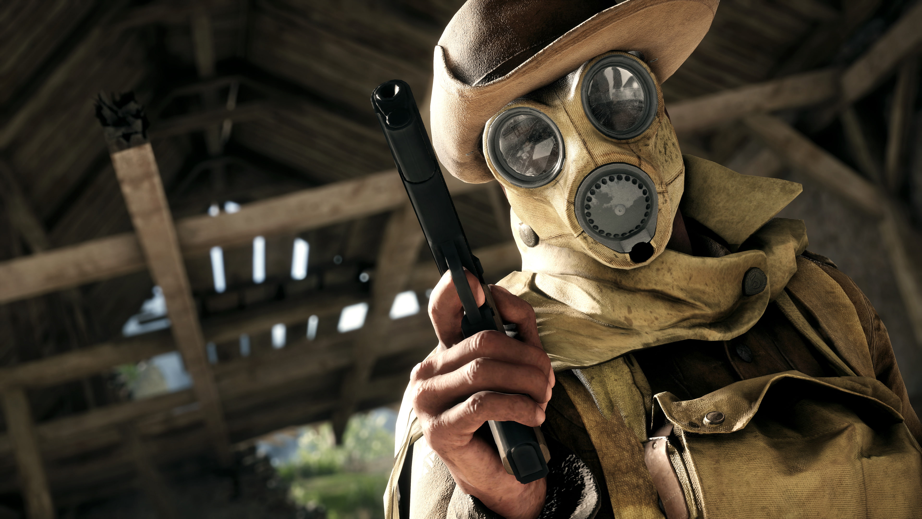 gas mask, equipment, goal, scout, abstraction, gun, look, 4K, ., Colt M1911, 1918, art, mask, the first world war, hat, 1914, Battlefield 1, WWI, HD Wallpaper