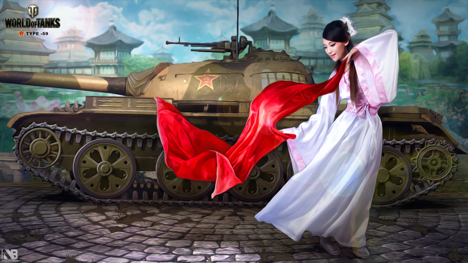 art, figure, Asian, average, girl, 1080P, World of Tanks, Chinese, Nikita Bolyakov, area, Type-59, home, tank, HD Wallpaper