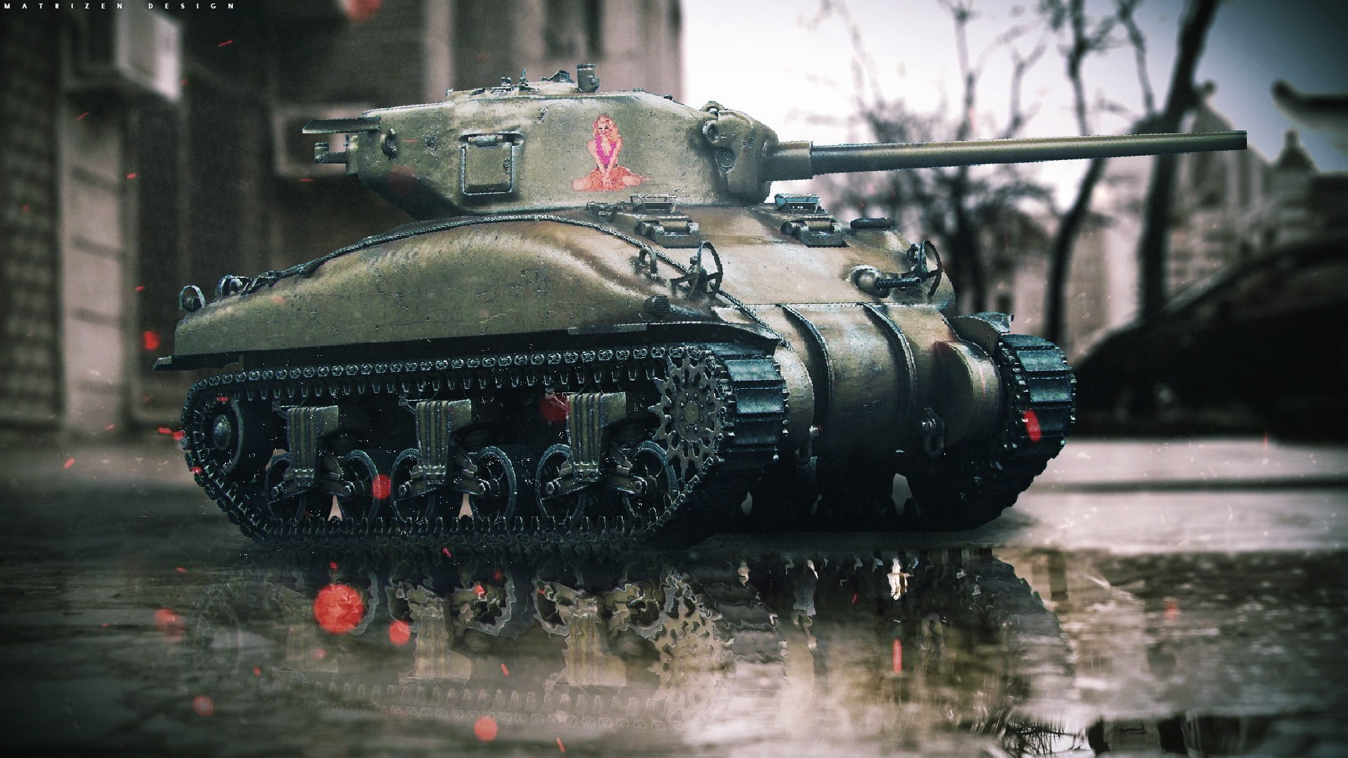 transportation, reflection, photo manipulation, city, 1080P, land vehicle, military, Photoshop, M4 Sherman, army, day, street, digital art, wet, black, HD Wallpaper