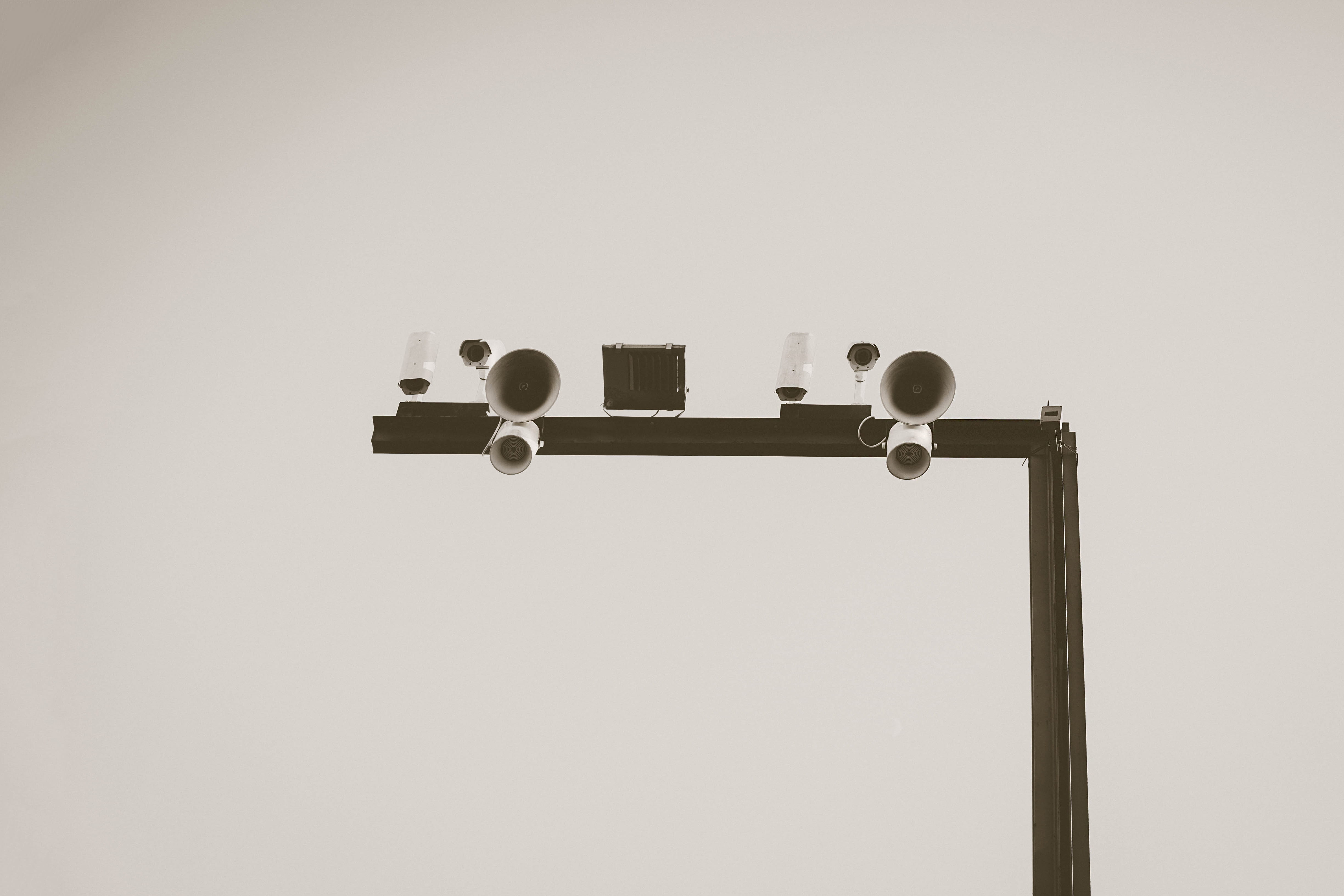 close-up, cameras, communication, black-and-white, white background, security, single object, outdoors, business, group, grey, daylight, metal, white, studio shot, HD Wallpaper