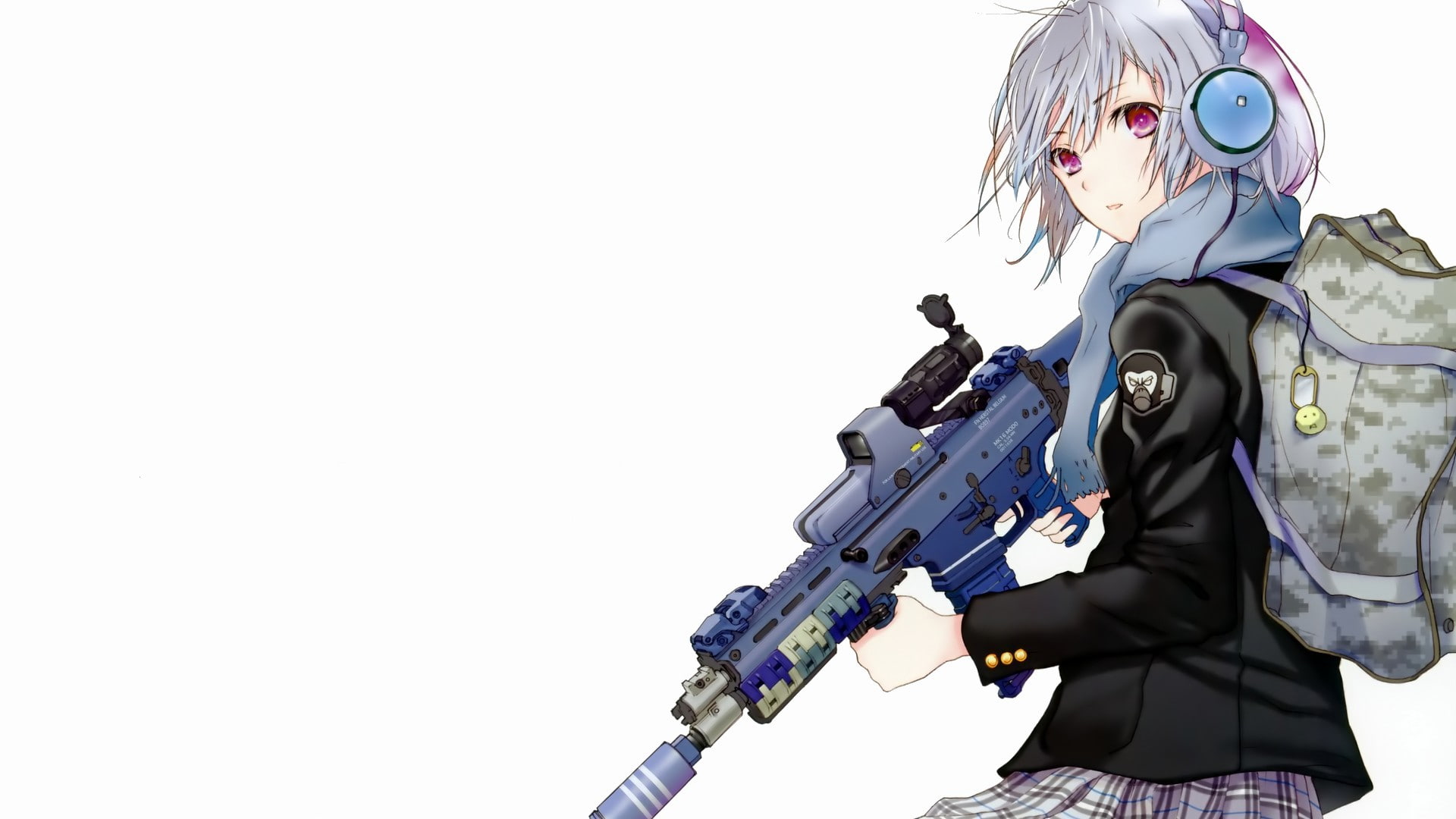 Purple Eyes, clothing, weapon, activity, scarf, occupation, White Background, glasses, lifestyles, White Hair, holding, nature, Anime Girls, military, anime, HD Wallpaper