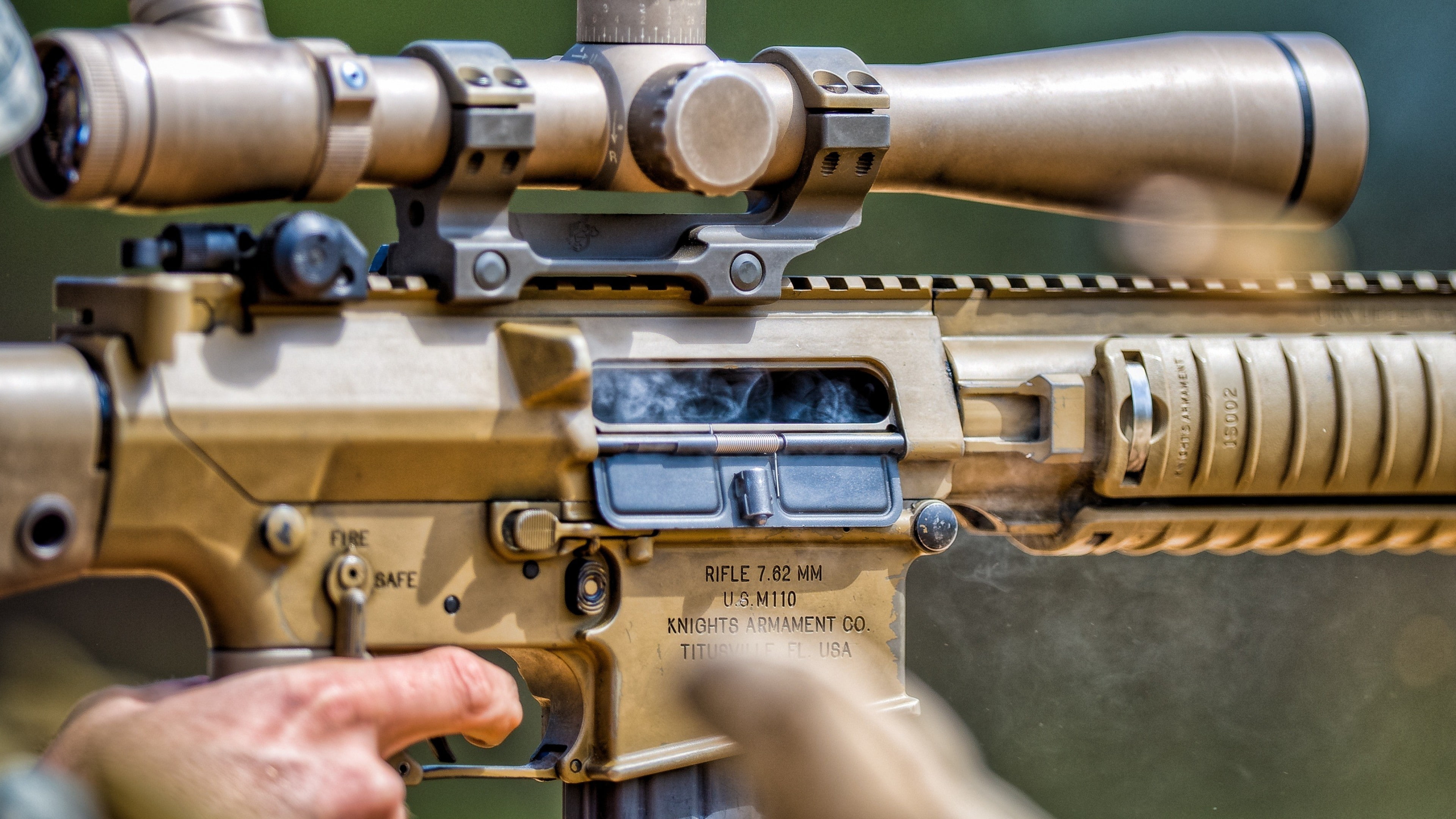 firing, 4K, sniper rifle, smoke, scope, Stoner Rifle-25, 7.62×51mm NATO, SR-25, HD Wallpaper
