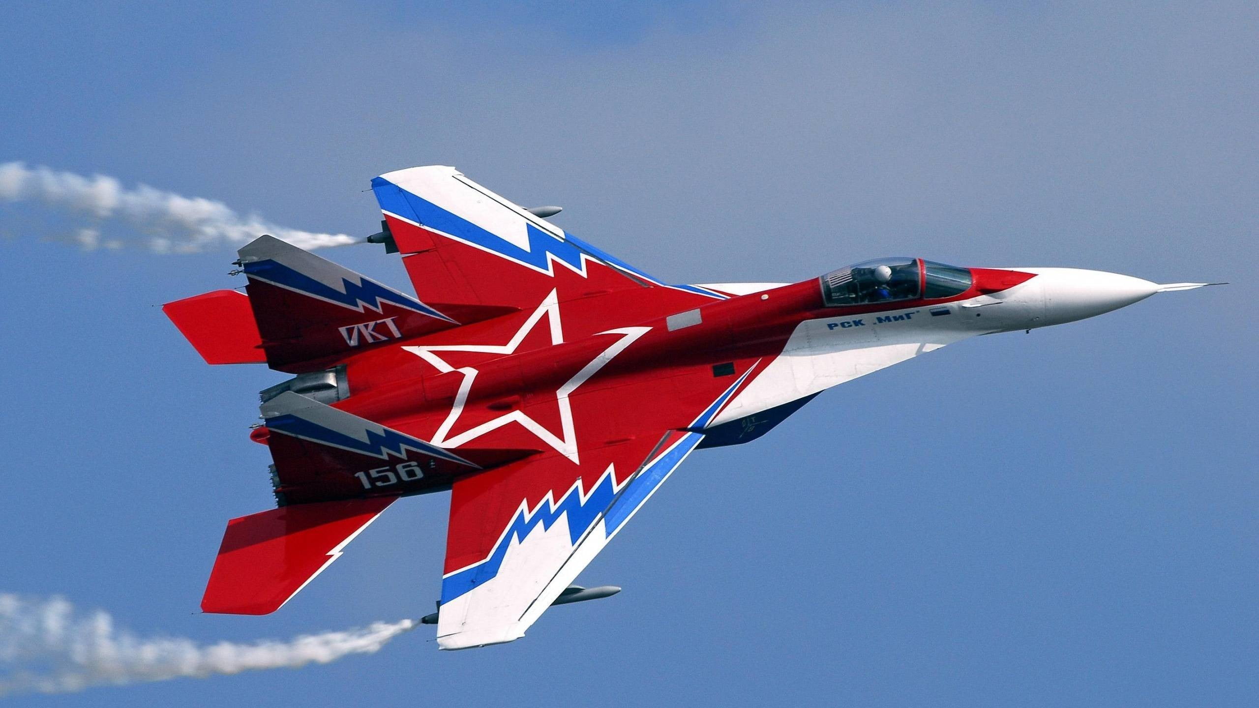 2K, red, plane, fighter plane, nature, airplane, mode of transportation, on the move, aerobatics, blue, mig-29, clear sky, air vehicle, army, aerospace industry, HD Wallpaper