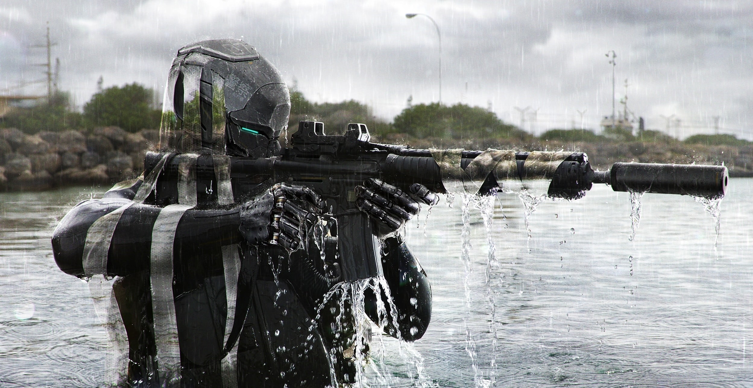 no people, futuristic, water, game, transportation, nature, holding, waterfront, rifle, infantry, military, AR-15, river, sky, soldier, suppressors, nautical vessel, HD Wallpaper