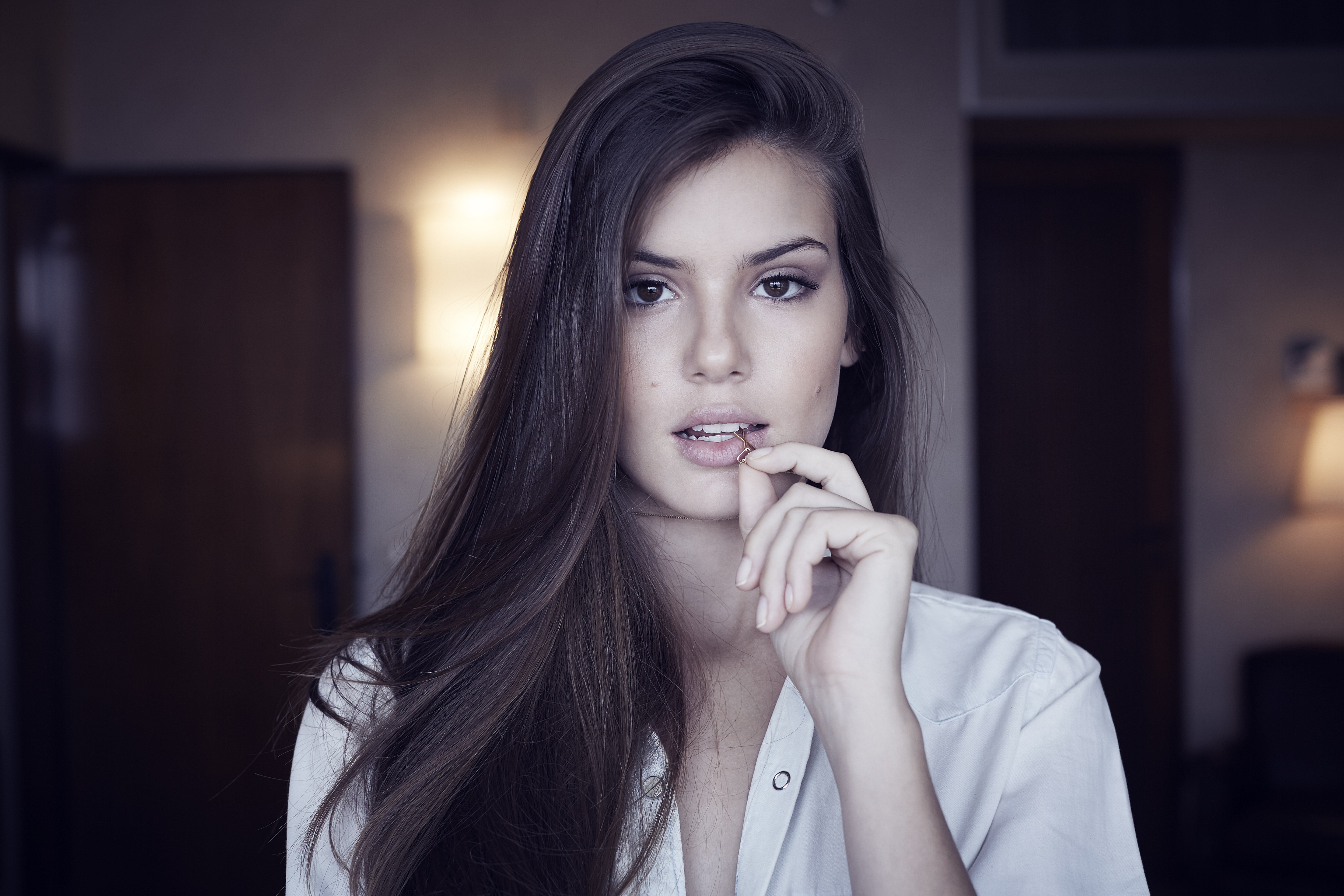 portrait, Camila Queiroz, Latinas, face, Brazilian, front view, indoors, beautiful people, smoking issues, fashion, contemplation, looking at camera, hair, HD Wallpaper