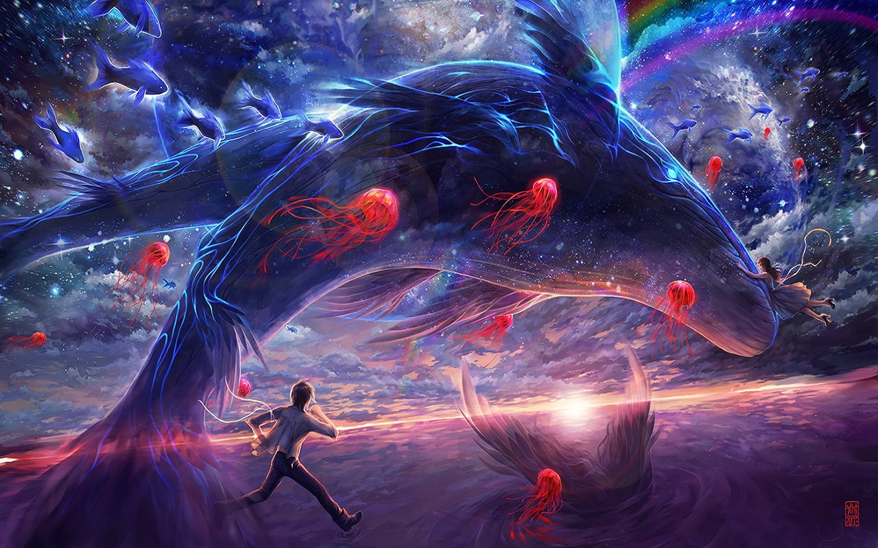 landscape, fantasy art, rainbows, digital art, sunset, planet, 2D, jellyfish, Sun, whale, space, 720P, HD Wallpaper