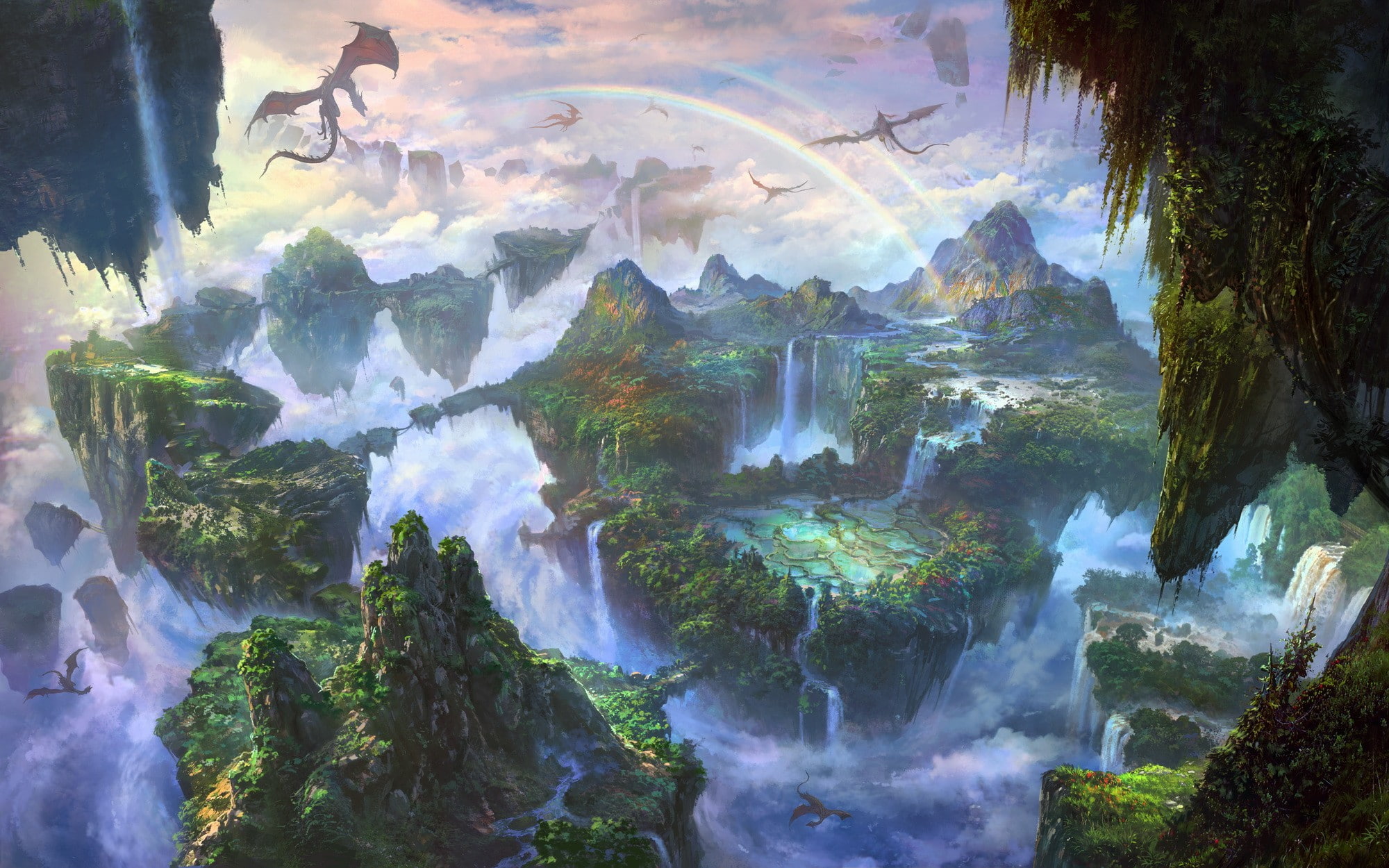 Dragon, Rainbows, x, art, bmw, px, Waterfall, motorcycles, 1080P, fantasy, Landscape, fantasy art, hd, 2000x1250 px, HD Wallpaper