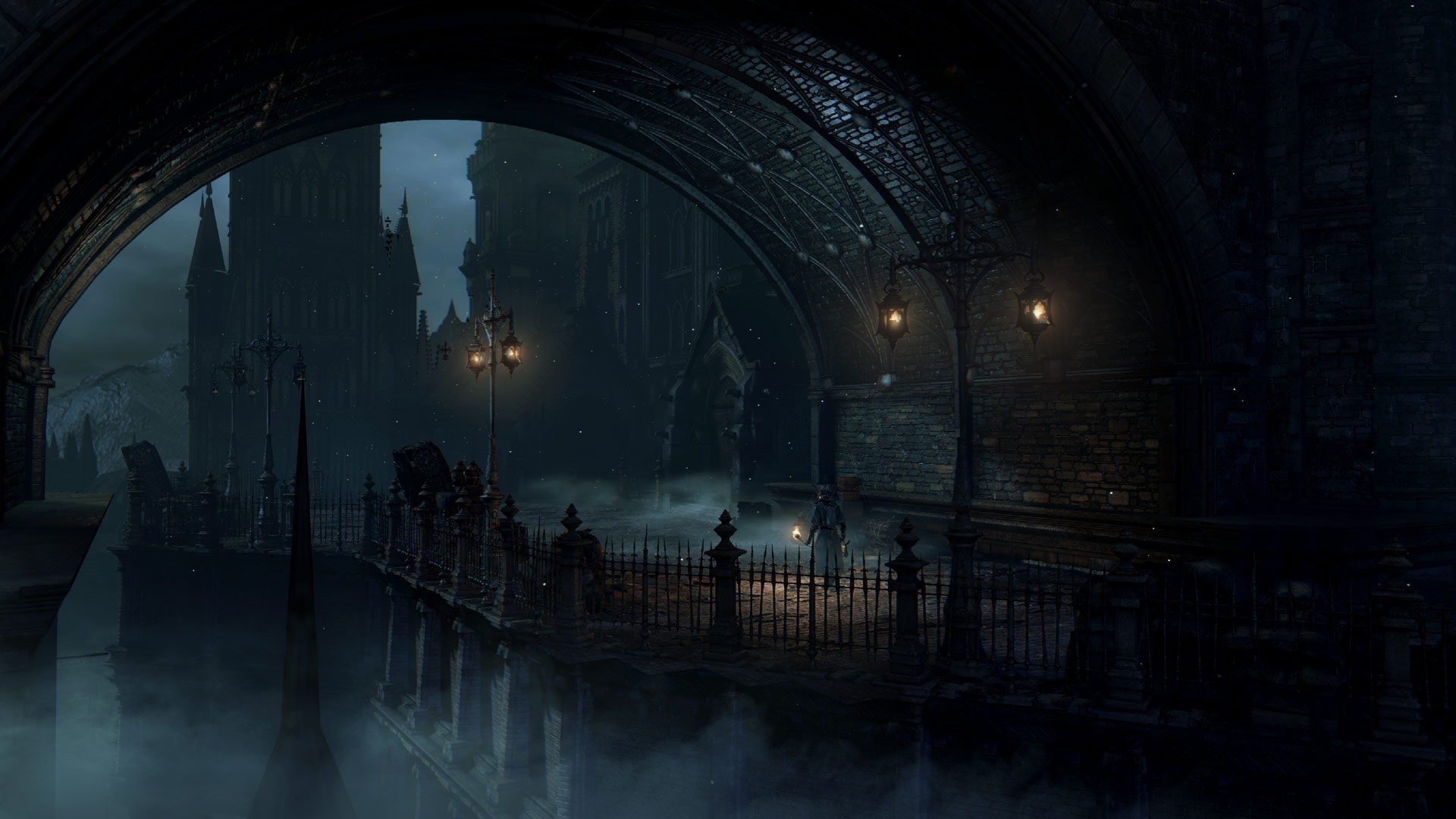artwork, Dark, games, men, house, digital, mist, art, light, building, 1080P, video, Old, Bloodborne, street, Arch, night, fantasy, architecture, HD Wallpaper