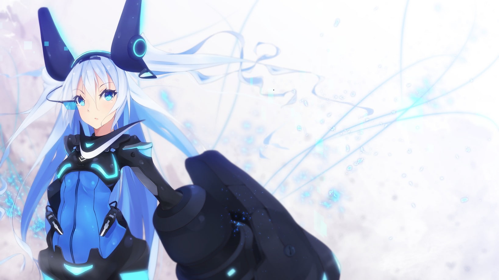 clothing, anime girls, mask, obscured face, art and craft, weapon, front view, long hair, blue eyes, 720P, low angle view, close-up, indoors, blue, mecha girls, HD Wallpaper