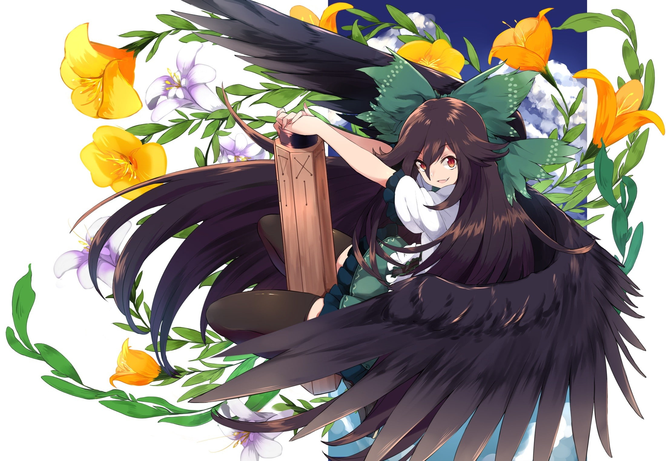 anime, weapon, Touhou, wings, anime girls, Reiuji Utsuho, 1080P, HD Wallpaper