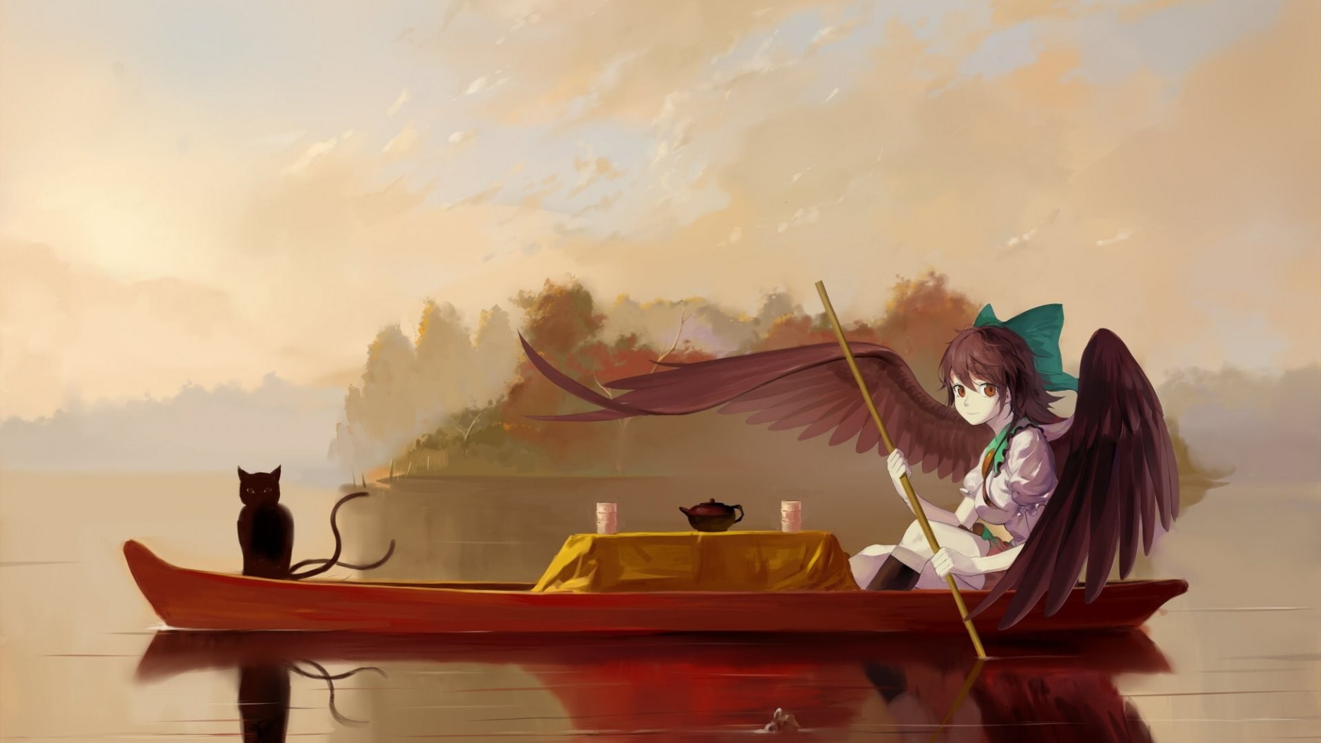 women, girls, nature, one person, river, water, Kaenbyou Rin, wings, cloud - sky, boat, traditional clothing, adult, females, sky, table, cat, Reiuji Utsuho, HD Wallpaper