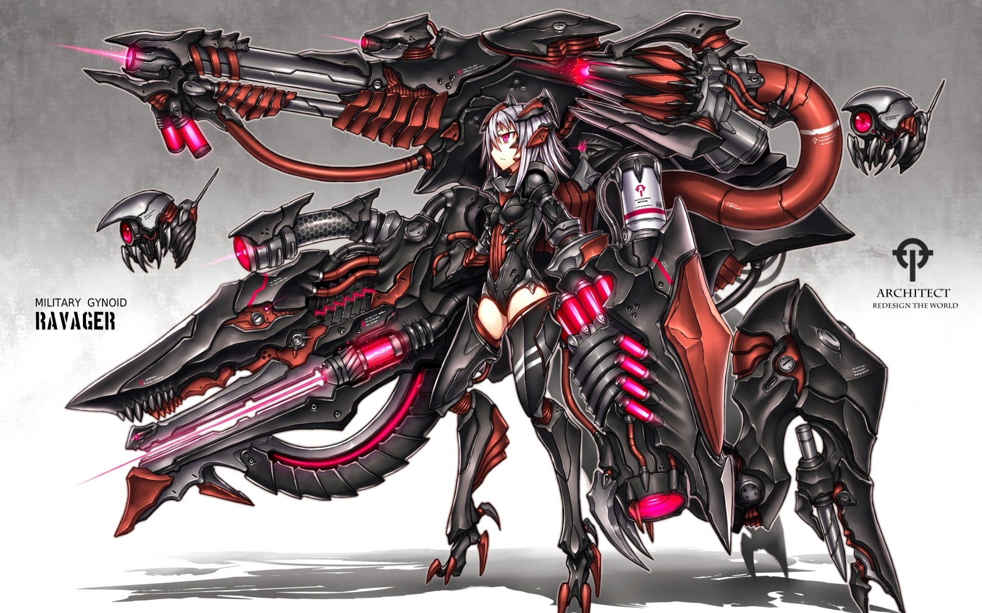 robot, futuristic, anime girls, text, black color, abundance, wall - building feature, no people, GiA, mechamusume, silver colored, technology, red, creativity, HD Wallpaper