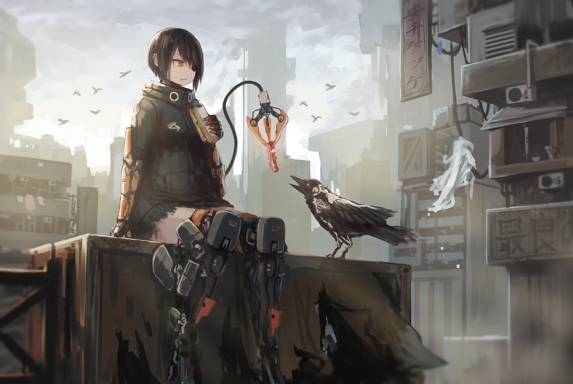 bacon, mecha girls, anime, raven, black hair, orange eyes, 720P, anime girls, city, short hair, HD Wallpaper