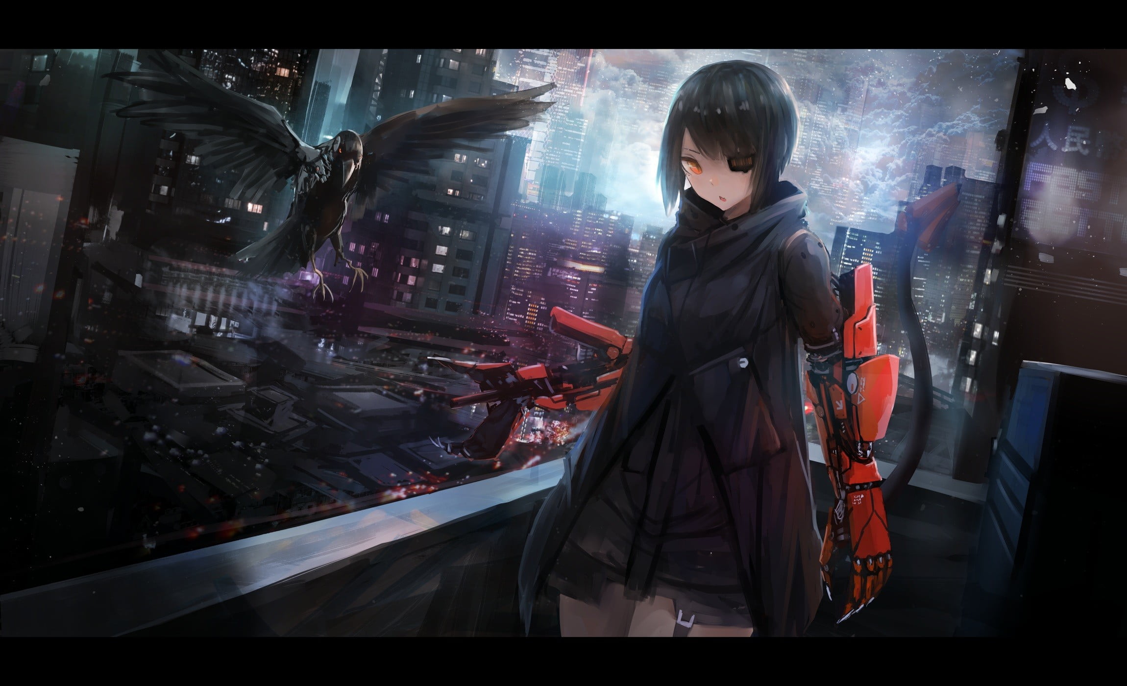front view, technology, real people, black hair, warm clothing, three quarter length, glass - material, dark, night, anime, anime girls, illuminated, clothing, HD Wallpaper