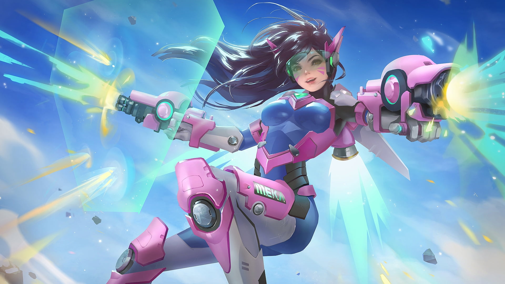 shooting, video games, women, 1080P, mecha girls, Overwatch, brunette, digital art, D.Va (Overwatch), artwork, HD Wallpaper