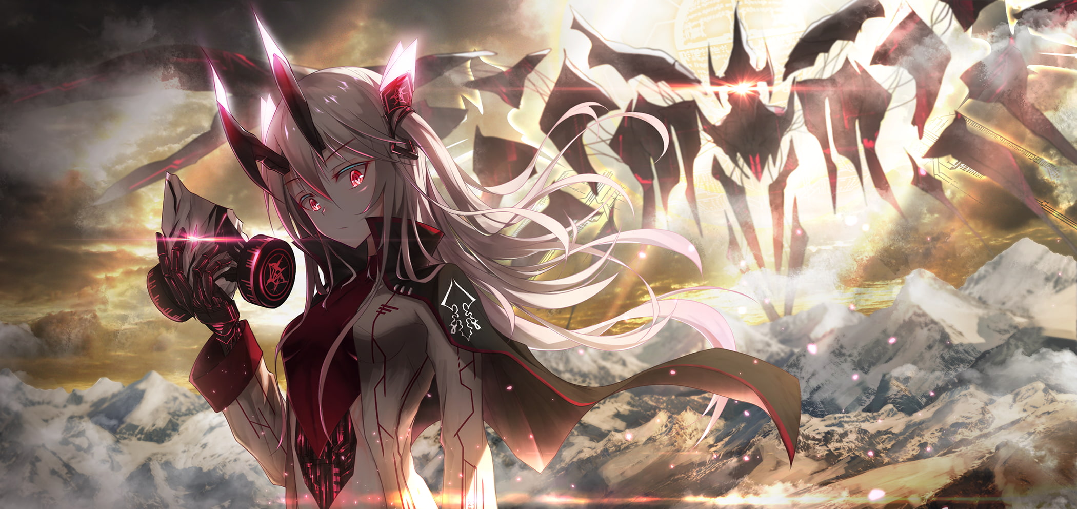 red eyes, cape, creature, sci-fi, anime girl, mecha, Anime, 1080P, HD Wallpaper
