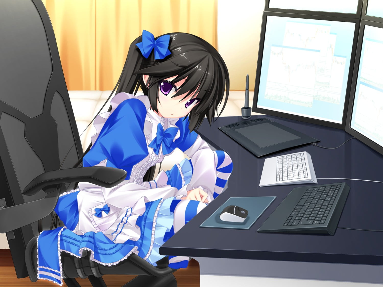 anime, communication, Yatake Tsubaki, anime girls, Mecha-con!, women, real people, sitting, technology, clothing, visual novel, occupation, furniture, keyboard, HD Wallpaper