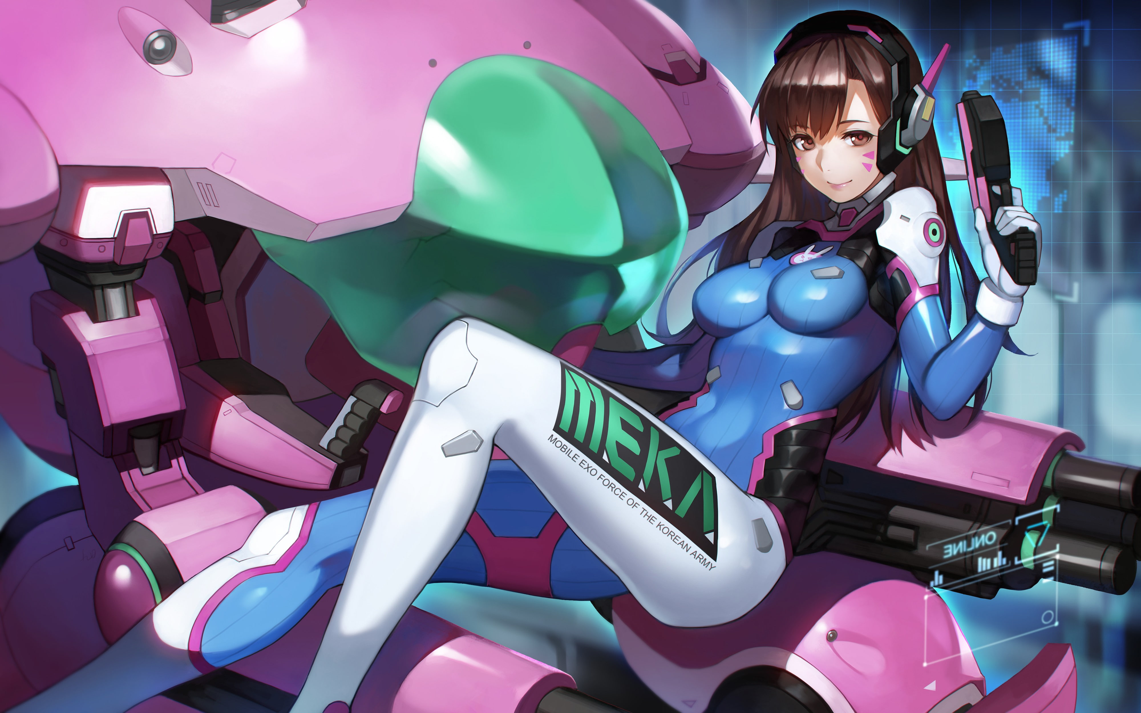 anime girls, long hair, brown eyes, bodysuit, 4K, gun, Overwatch, anime, D.Va (Overwatch), mecha girls, brunette, headphones, weapon, HD Wallpaper