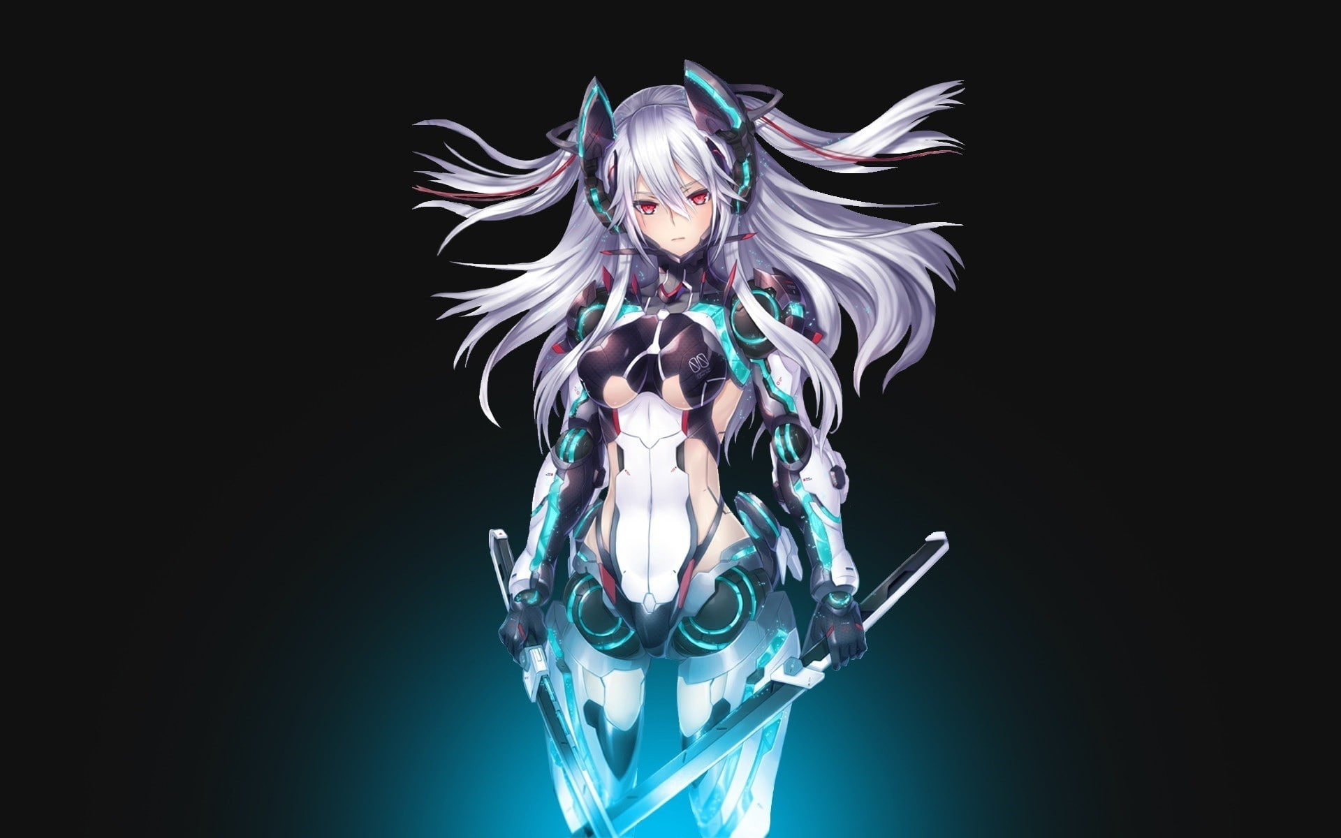 red eyes, sword, anime girls, silver hair, 1080P, mecha girls, HD Wallpaper