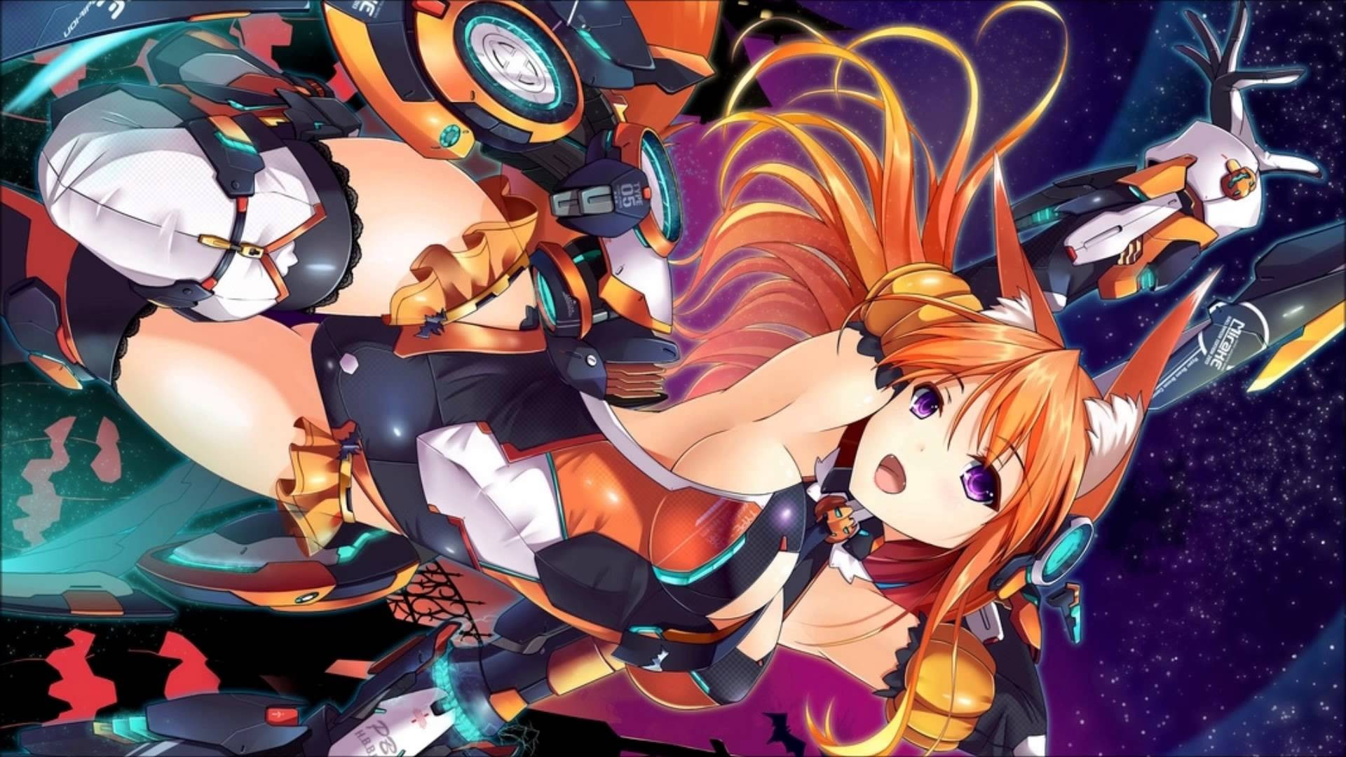 1080P, fox girl, anime girls, purple eyes, redhead, animal ears, mecha girls, HD Wallpaper