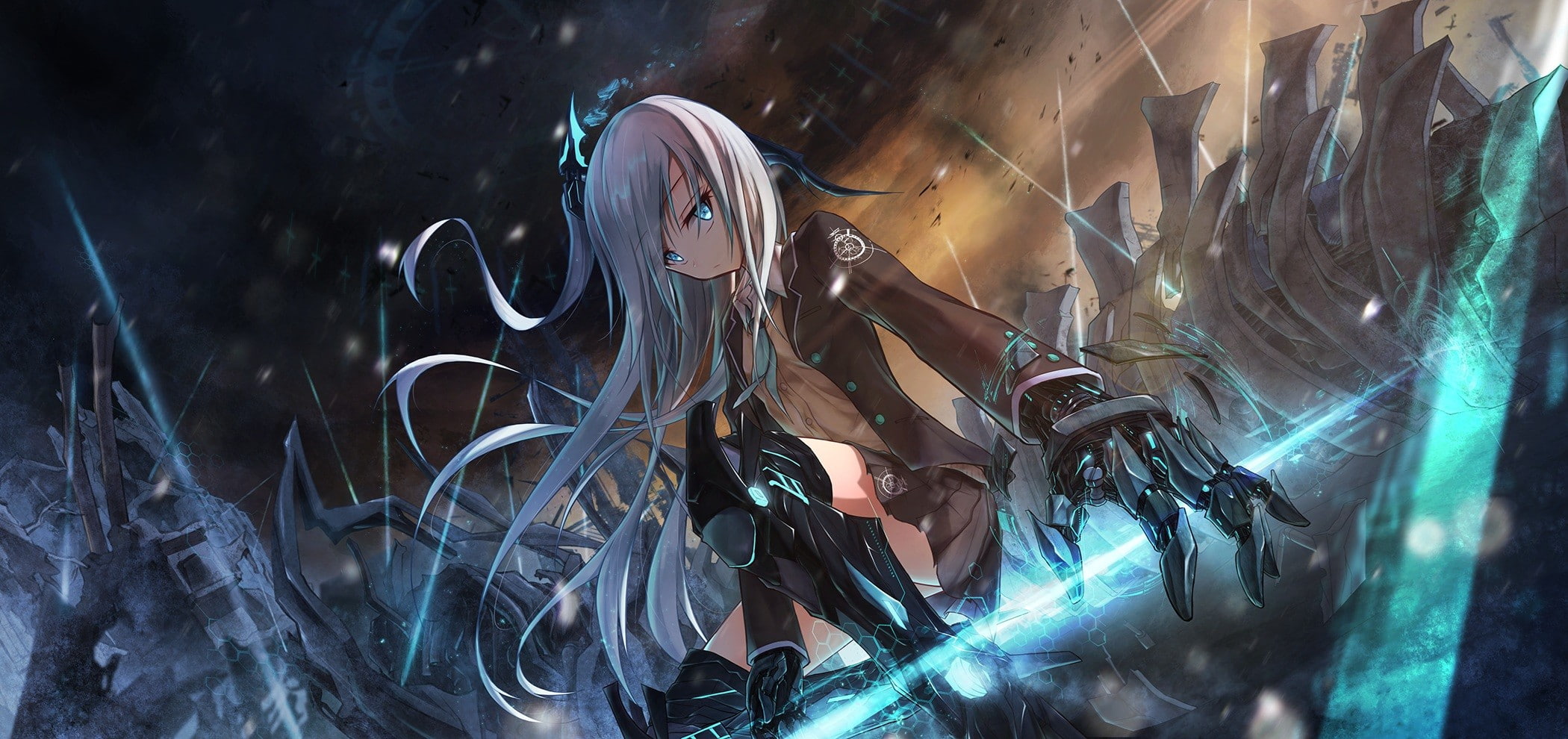 anime girls, anime, white hair, blue eyes, mecha girls, original characters, 1080P, school uniform, HD Wallpaper