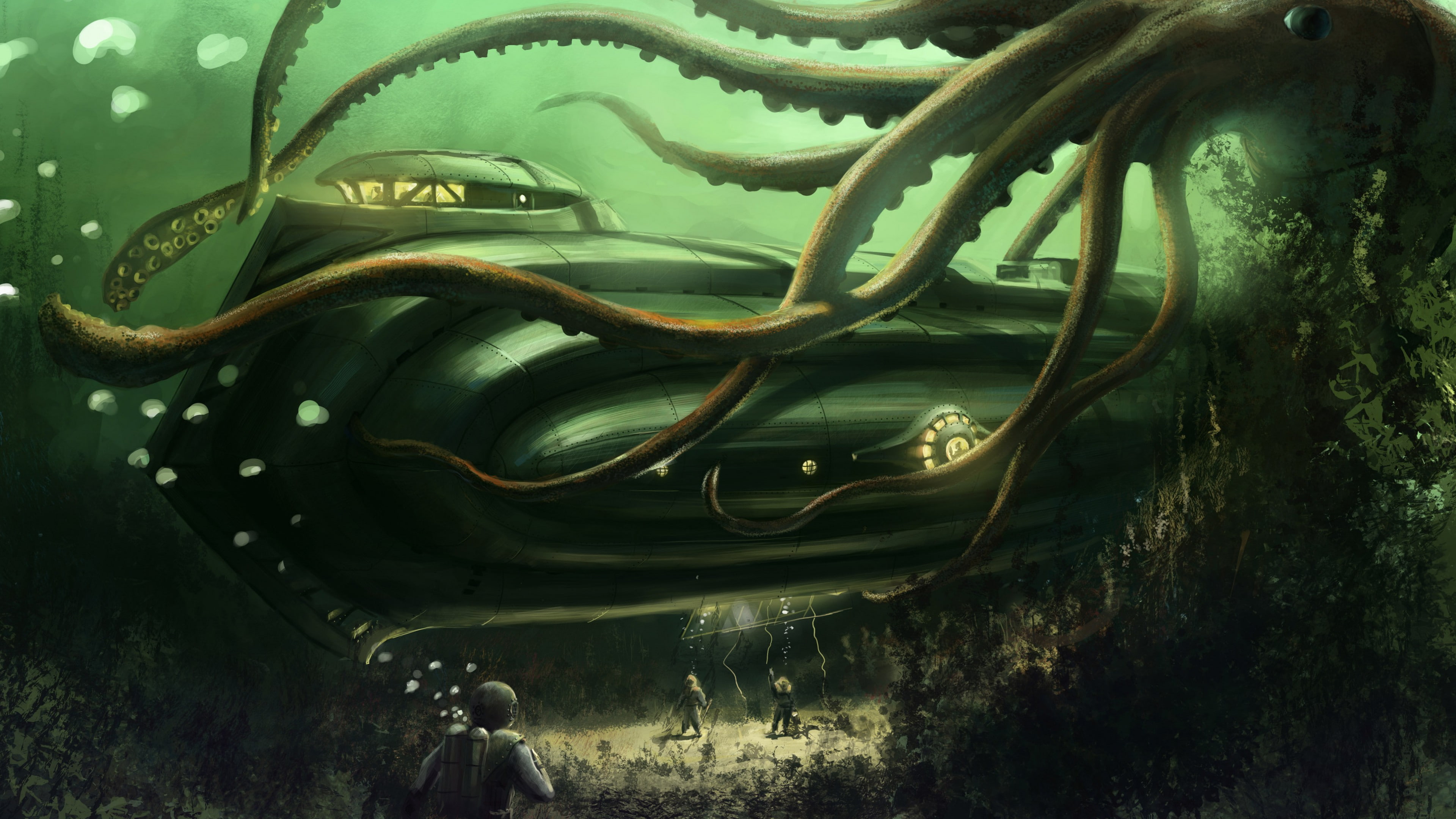art, boat. Underwater, ocean, 4K, Nautilus, bottom, Jules Verne, green, Octopus, water, sea, HD Wallpaper