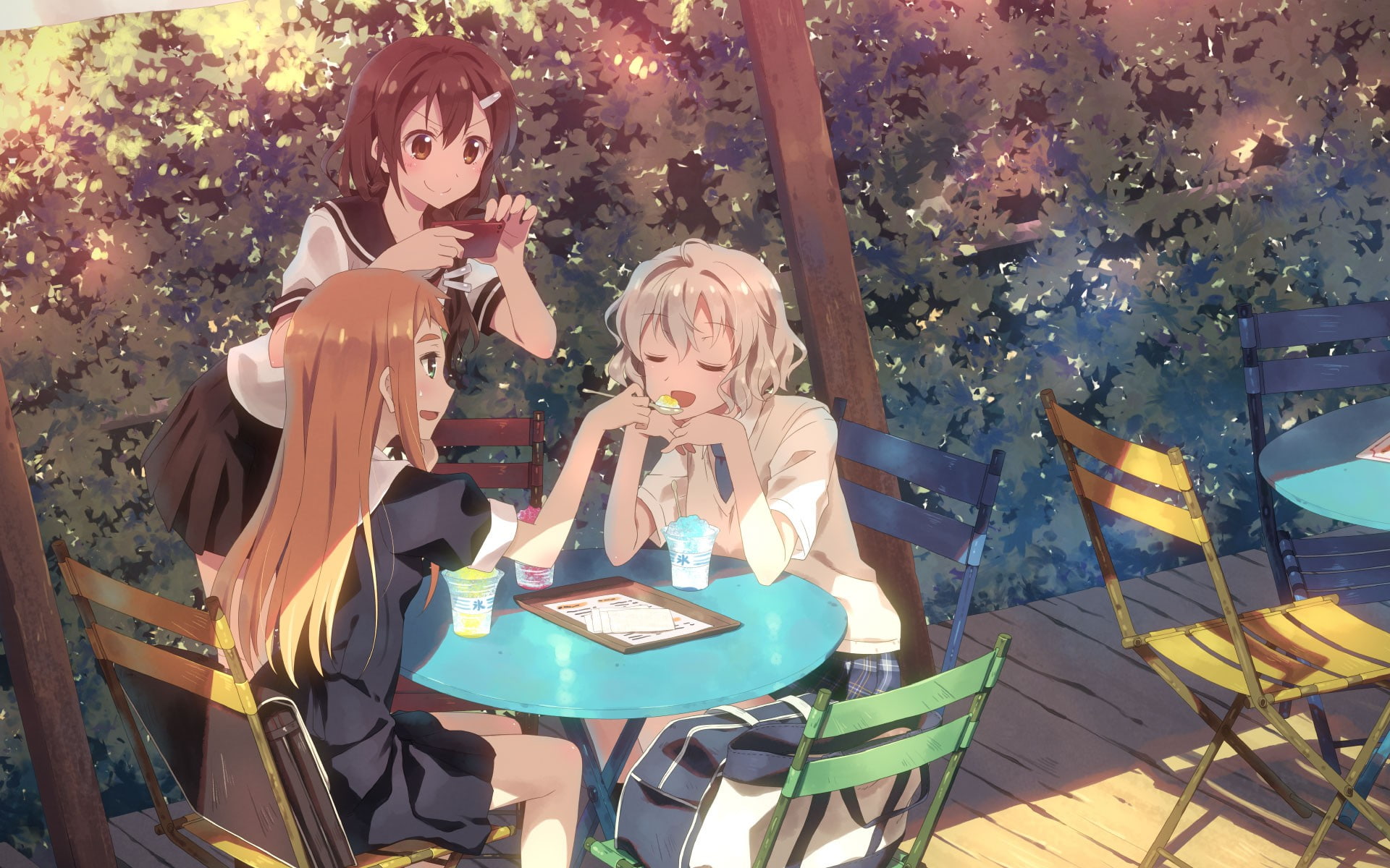 lifestyles, table, seat, christmas decoration, original characters, real people, day, outdoors, plant, young adult, anime girls, front view, celebration, HD Wallpaper