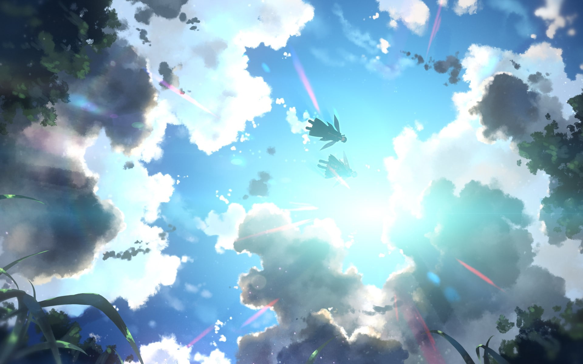 1080P, Sword Art Online  Kirigaya Kazuto  sunlight  anime  clouds  worms eye view  wings  Yuuki Tatsuya  artwork  sky  flying  Yuuki Asuna, HD Wallpaper