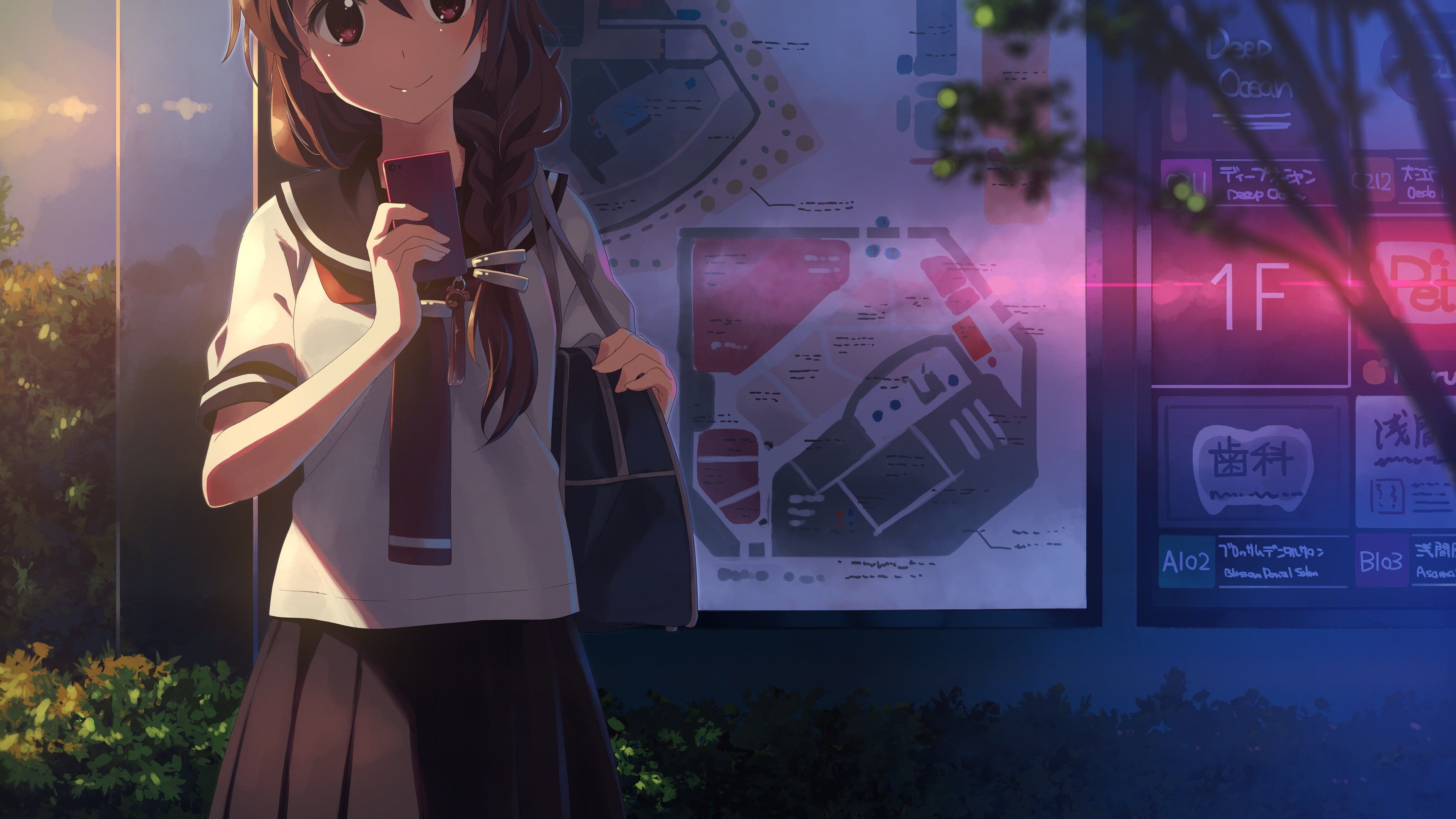 braids, original characters, anime girls, school uniform, 4K, Yuuki Tatsuya, cellphone, HD Wallpaper