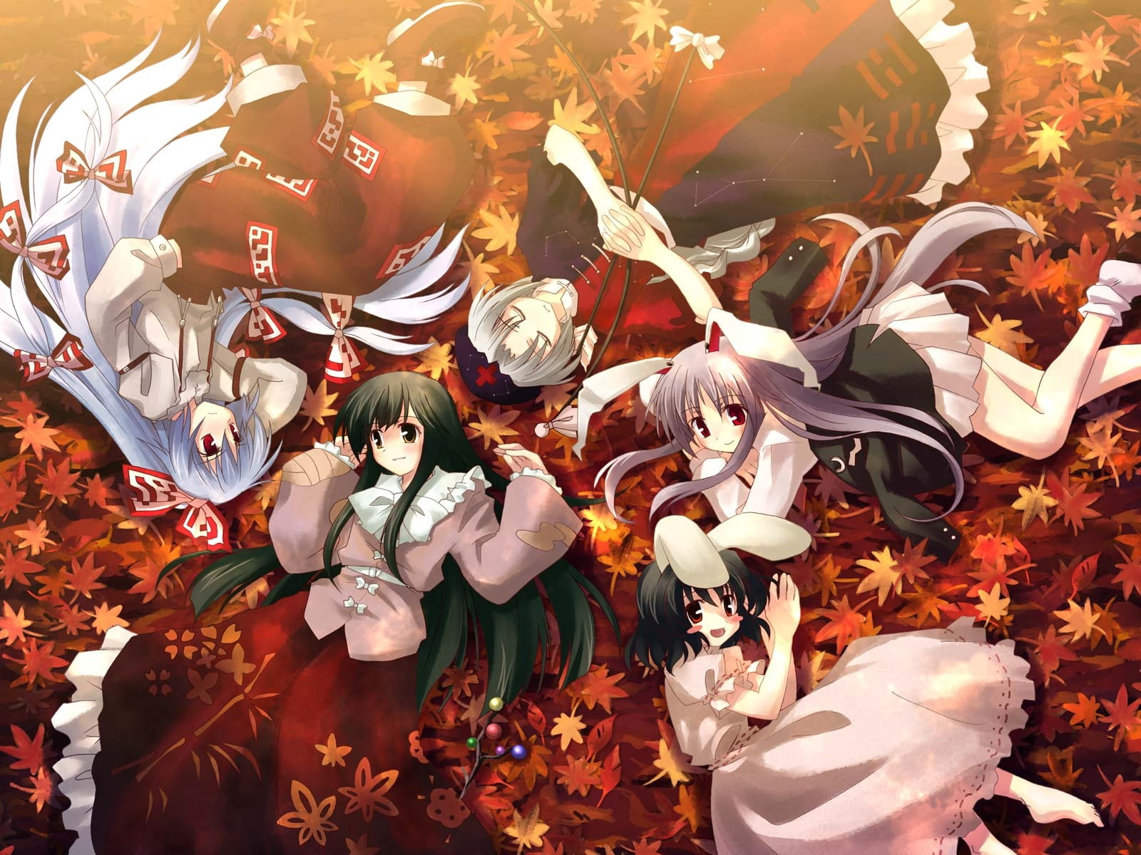 girls, 720P, celebration, autumn, representation, mokou houraisan kaguya inaba, decoration, outdoors, characters, nature, plant part, yagokoro eirin yuuki tatsuya, HD Wallpaper