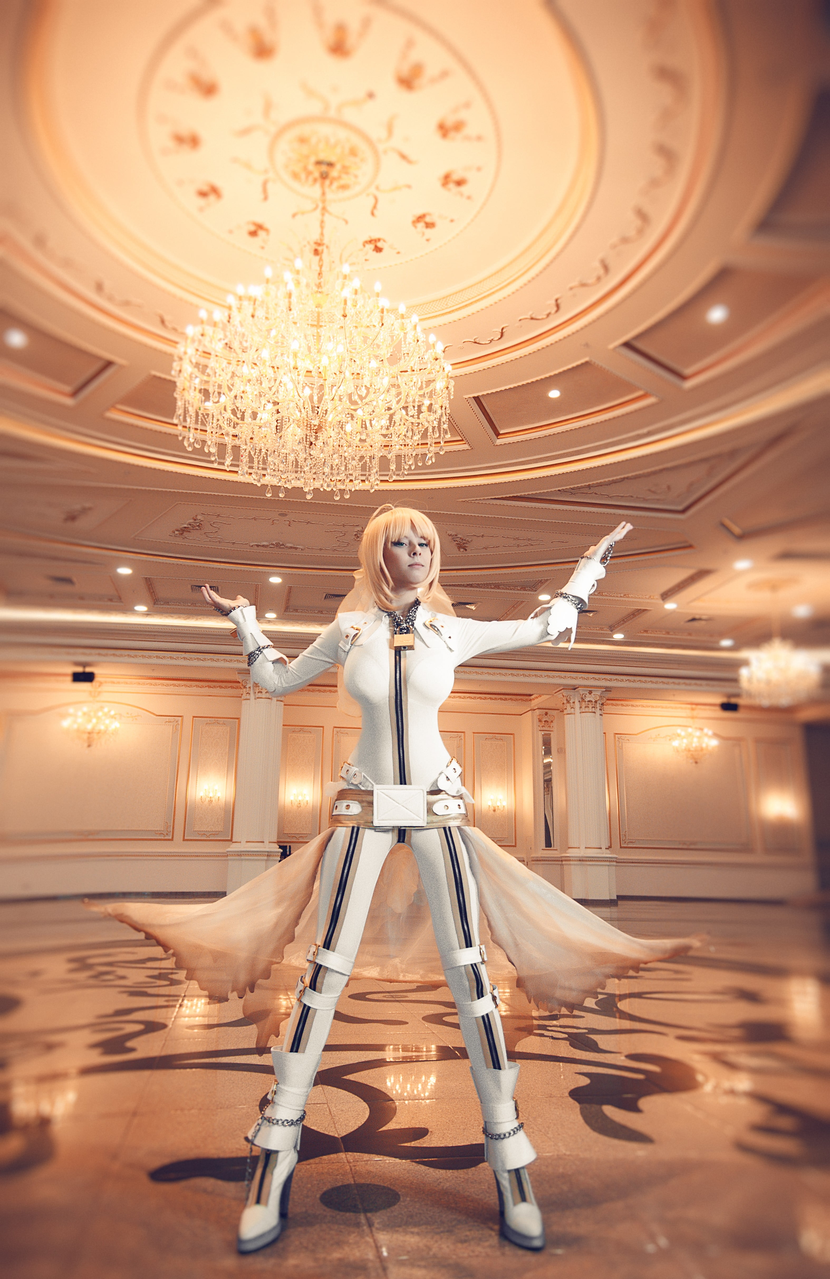 people, science, Helly von Valentine, leather boots, chandelier, suits, ballroom, table, adult, indoors, decor, low angle view, lighting equipment, blonde, Phone HD Wallpaper