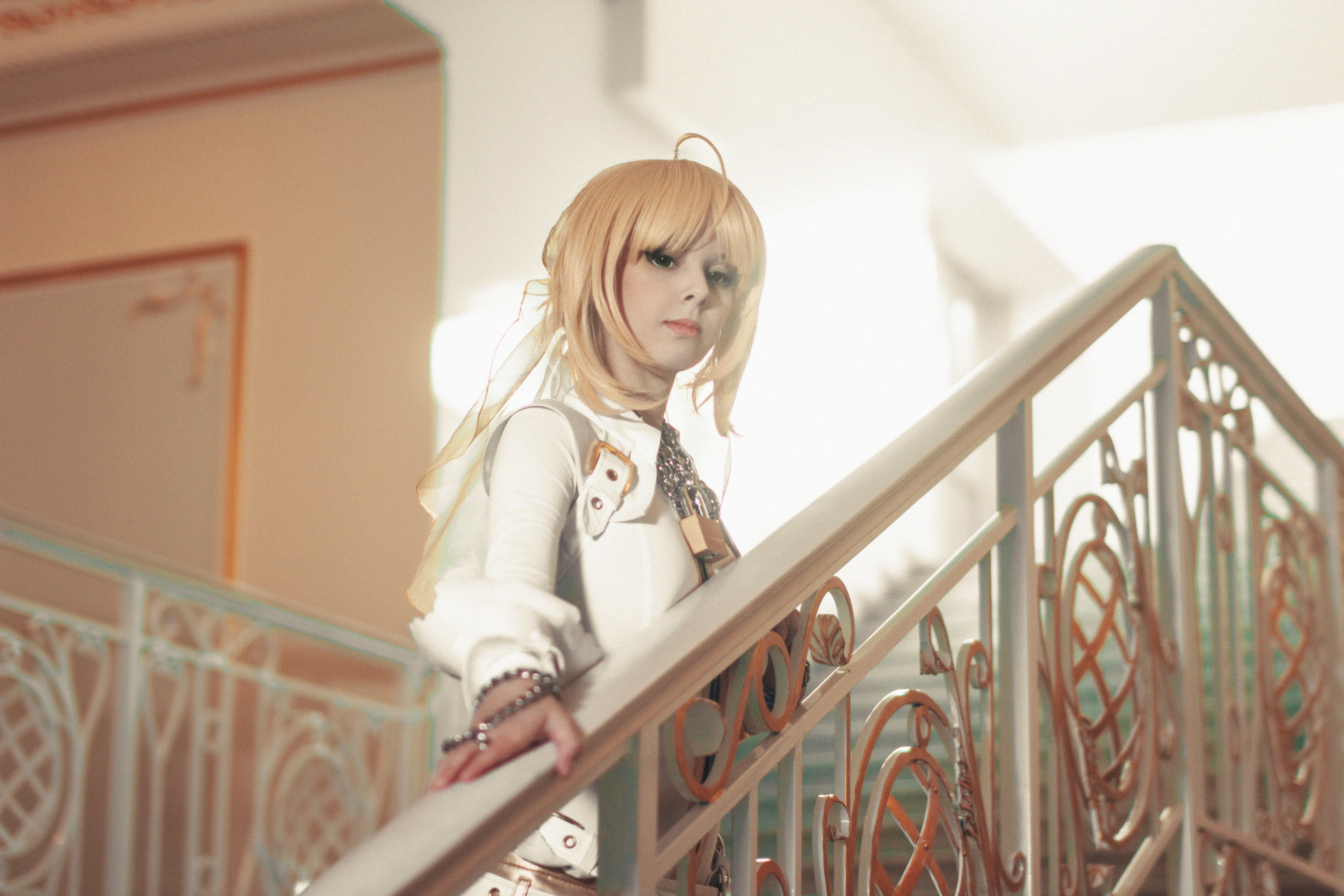 leather clothing, steps and staircases, white, selective focus, staircase, fashion, women, blonde, beauty, architecture, suits, 5K, portrait, Helly von Valentine, HD Wallpaper