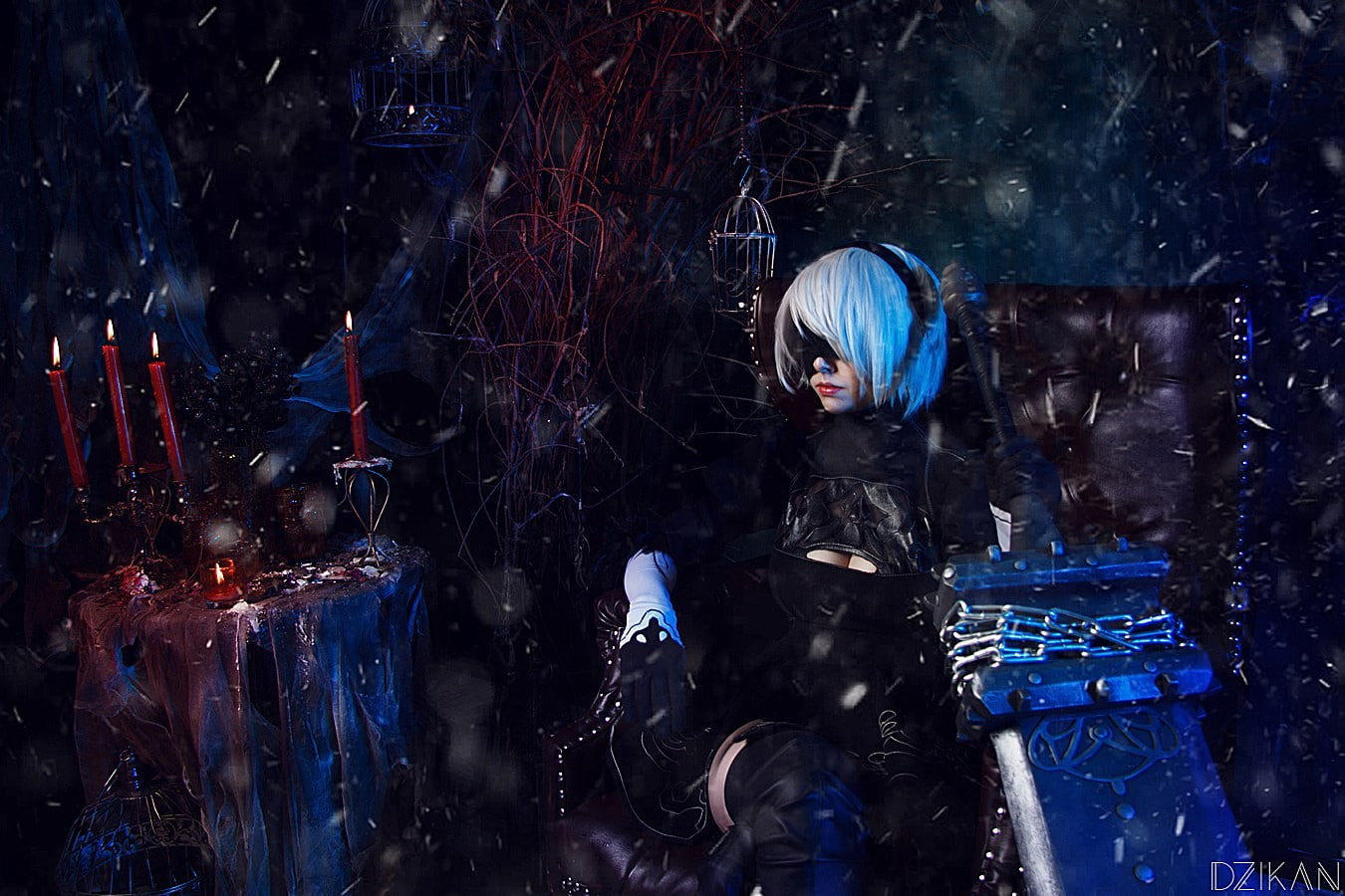 blindfold, model, Helly von Valentine, black dress, Disharmonica, cosplay, white hair, 2B (Nier: Automata), NieR, Nier: Automata, 720P, HD Wallpaper