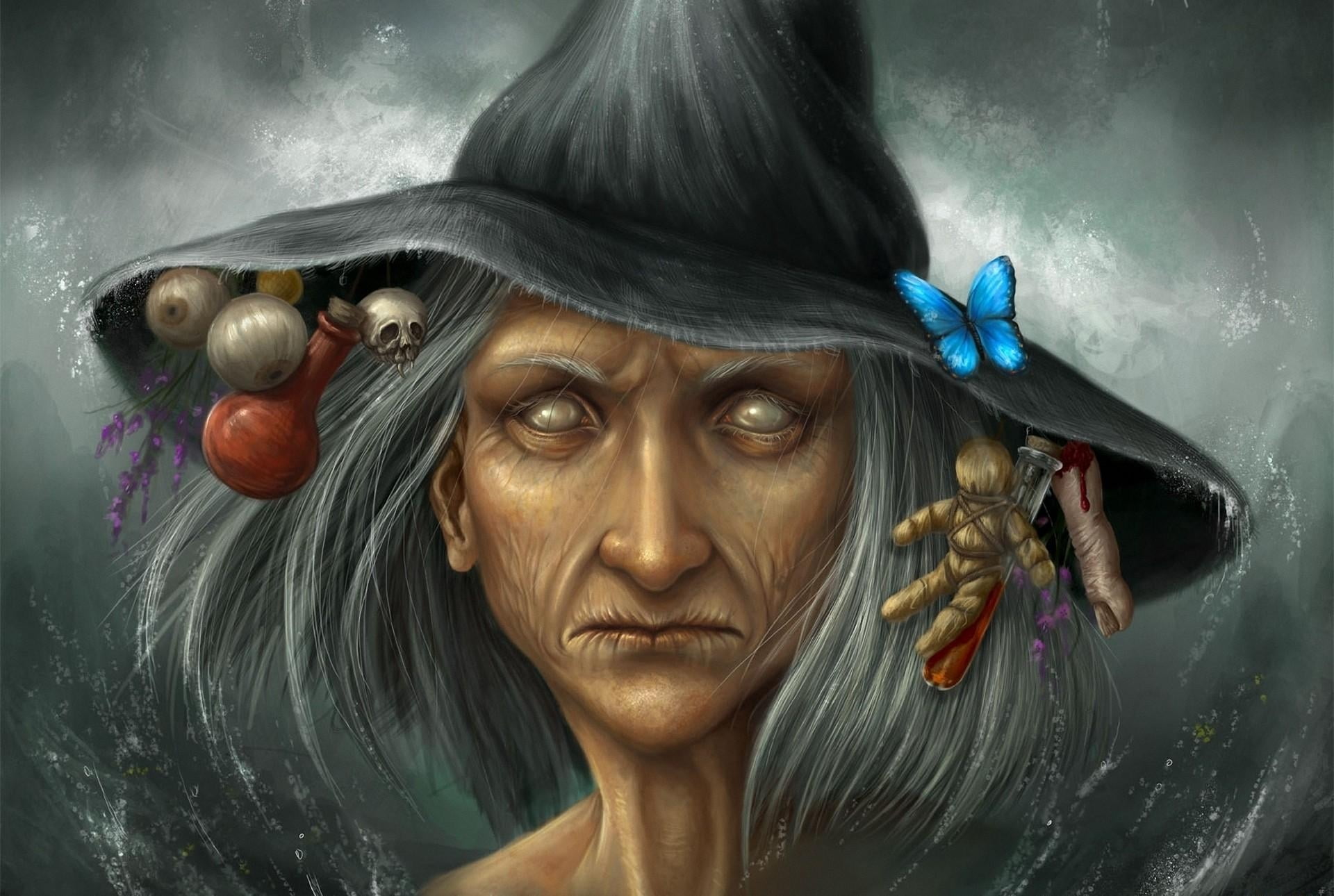 evil, magic, digital composite, front view, beautiful woman, costume, one Person, halloween, woman, bizarre, hairstyle, hat, ingredients, adult, make-up, HD Wallpaper