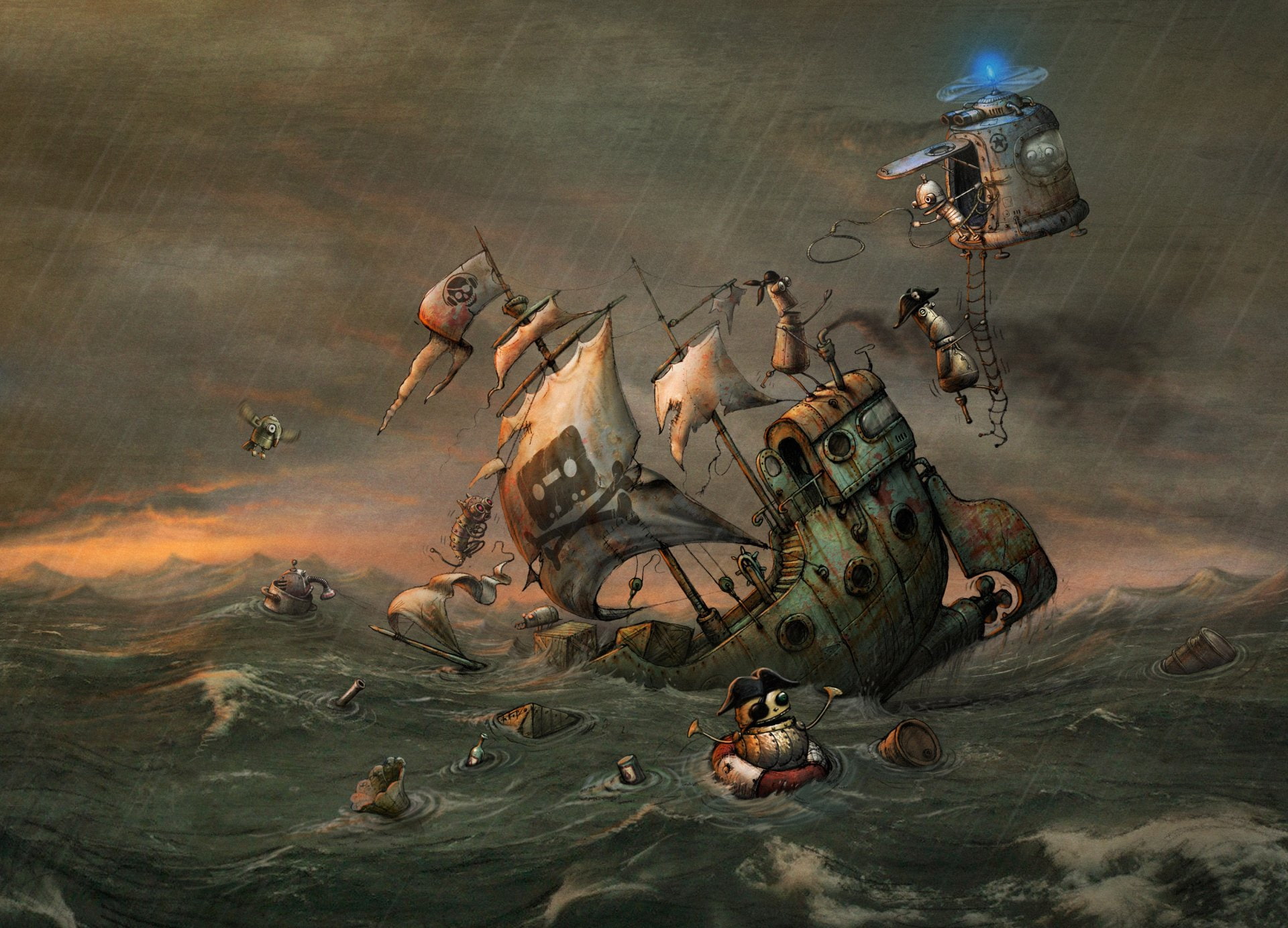 sailing, body, Sci Fi, 1080P, Steampunk, water, Machinarium, ship, green, HD Wallpaper