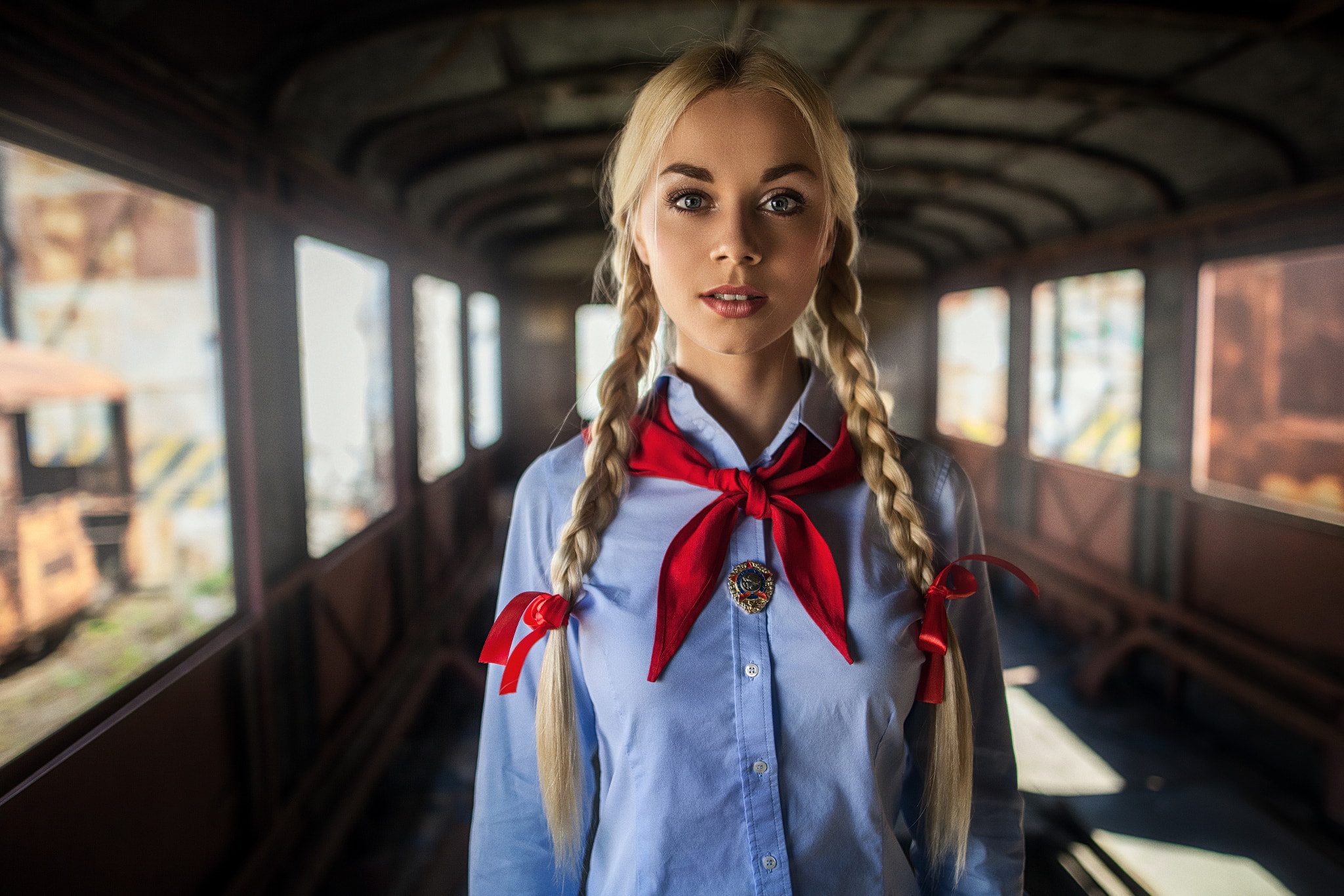 young women, focus on foreground, day, real people, hairstyle, pigtails, 1080P, front view, indoors, one person, beauty, transportation, women, blonde, HD Wallpaper