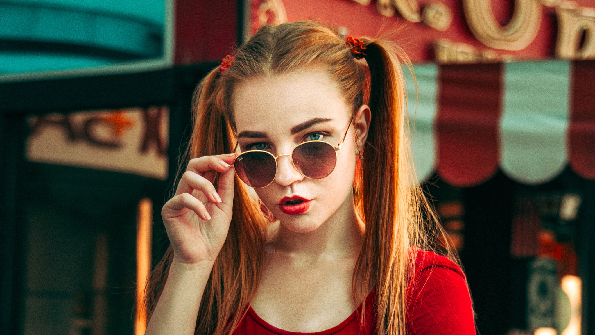 sunglasses, blonde, depth of field, red lipstick, 1080P, portrait, pigtails, women, HD Wallpaper