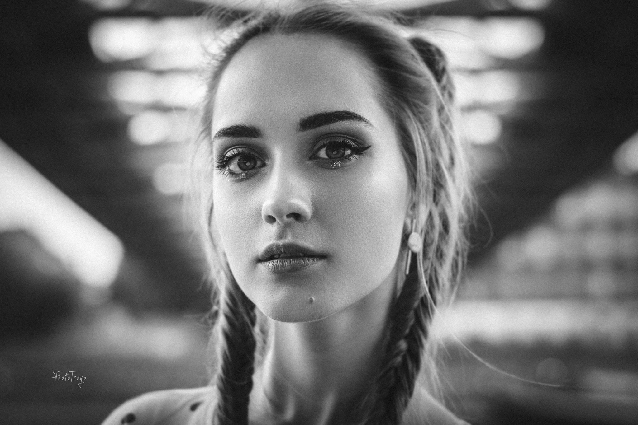 face, women, 1080P, monochrome, portrait, pigtails, depth of field, HD Wallpaper