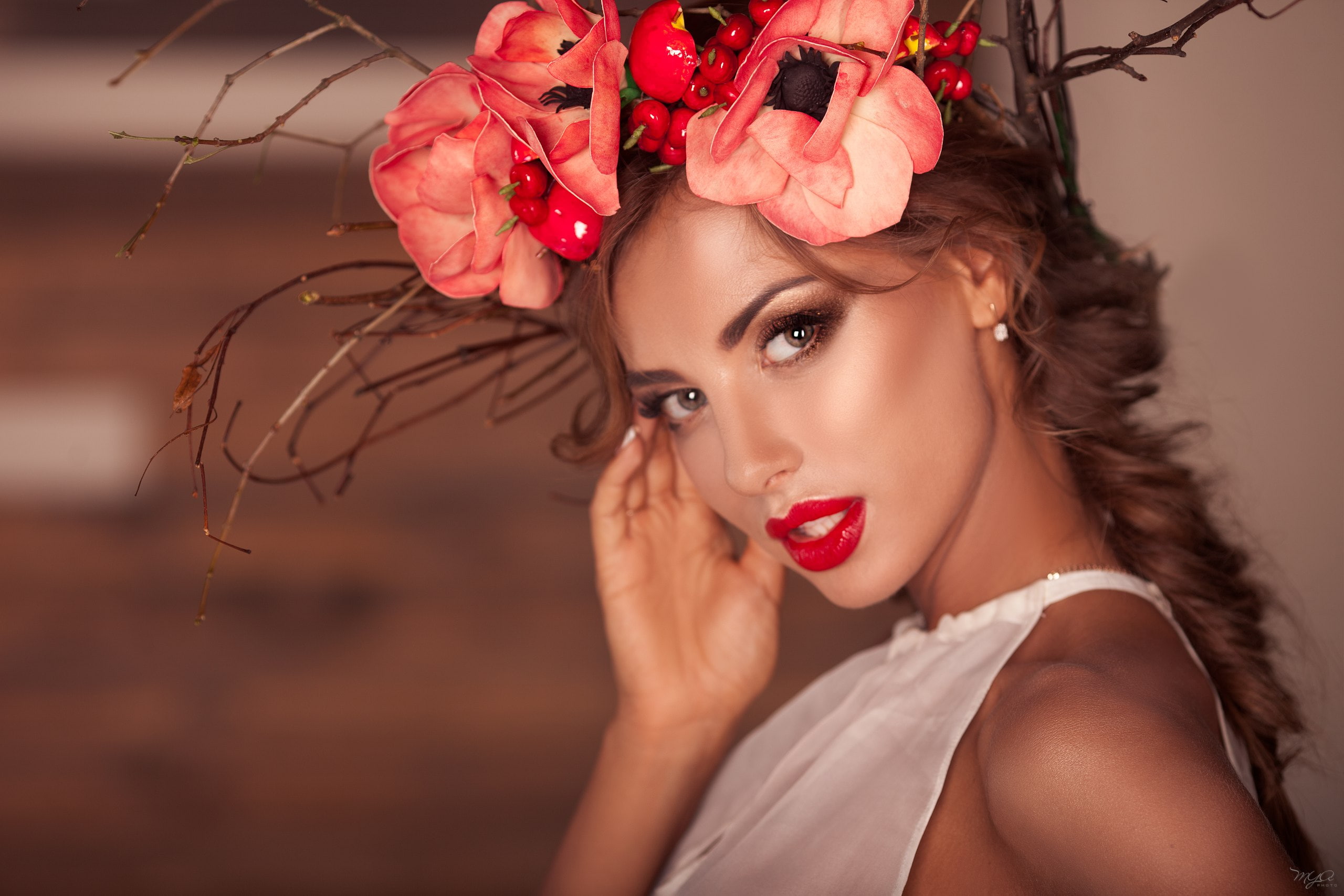red lipstick, Katerina Rubinovich, portrait, glamour, young adult, 2K, hair, one person, outdoors, headshot, women, depth of field, beauty in nature, rose - flower, HD Wallpaper
