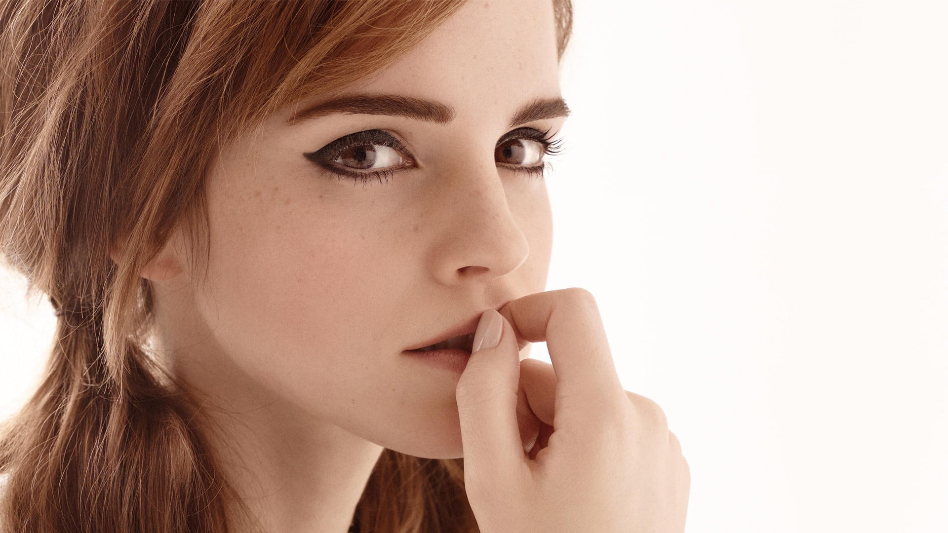 looking at viewer, pigtails, hair, brunette, close-up, freckles, long hair, watson, adult, brown eyes, human face, emma, beauty, actress, finger on lips, HD Wallpaper