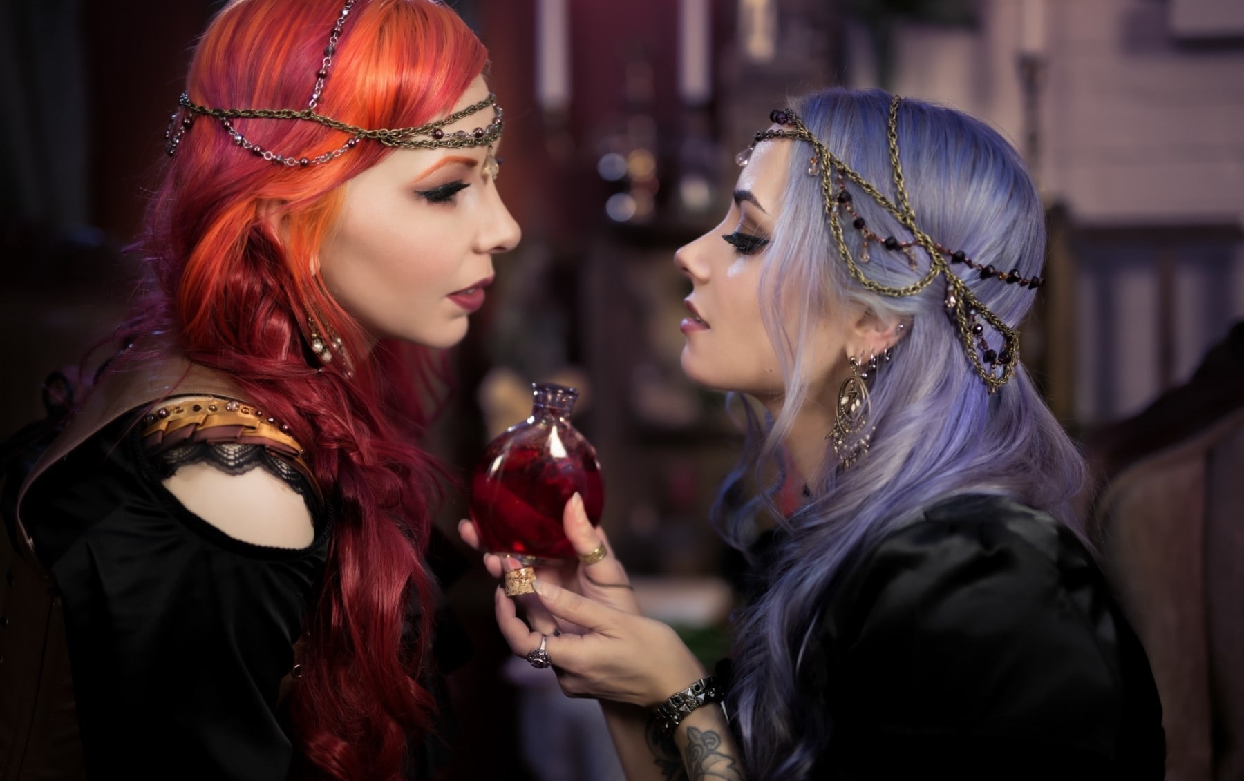 young adult, people, glass, lifestyles, model, depth of field, redhead, pigtails, women, lesbians, couple, indoors, clothing, hairstyle, fashion, blue hair, HD Wallpaper