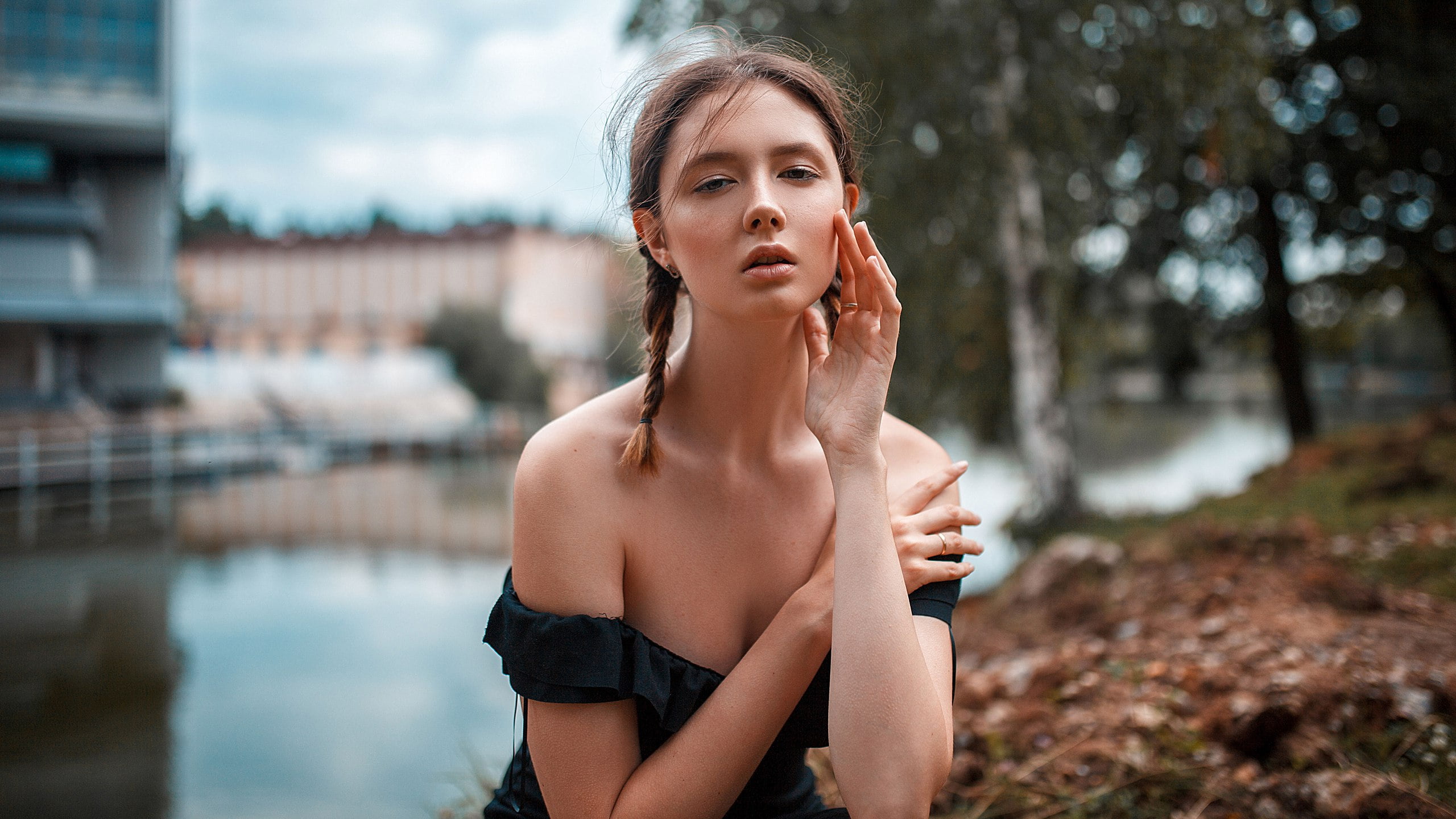 pigtails, adult, relaxation, portrait, nature, outdoors, brunette, food and drink, women outdoors, young women, dress, beautiful woman, beauty, lifestyles, HD Wallpaper