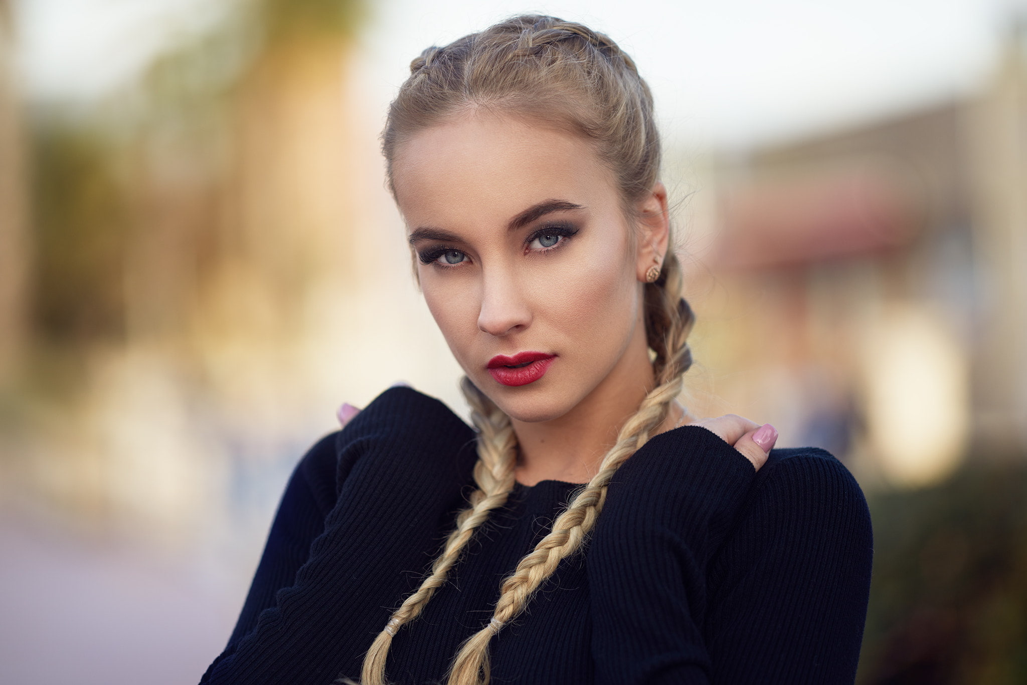 lipstick, front view, 1080P, warm clothing, hairstyle, adult, one person, scarf, hair, pigtails, young adult, women, red lipstick, clothing, lifestyles, HD Wallpaper