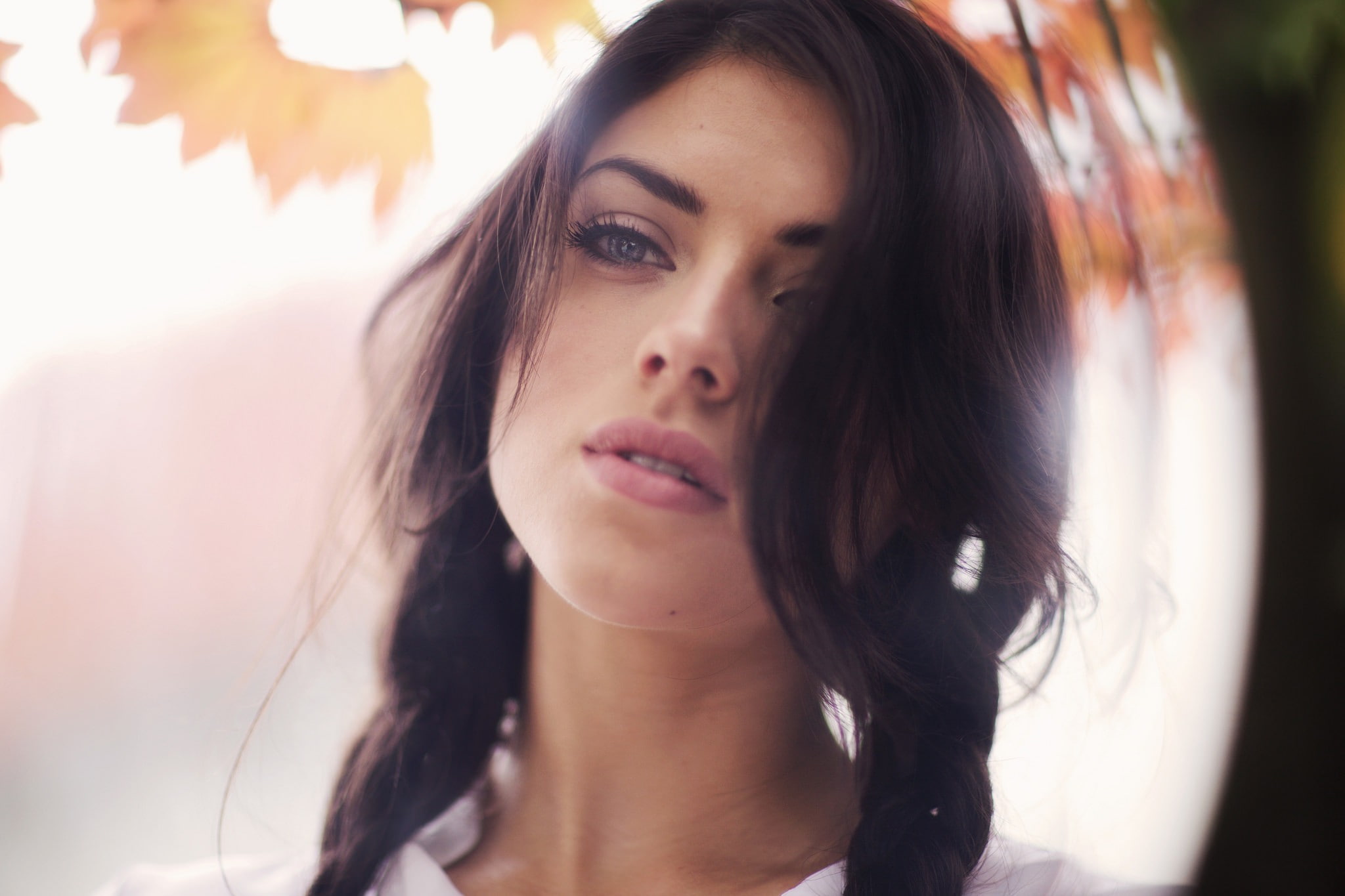 Ruby James, face, brunette, pigtails, looking away, women, 1080P, HD Wallpaper